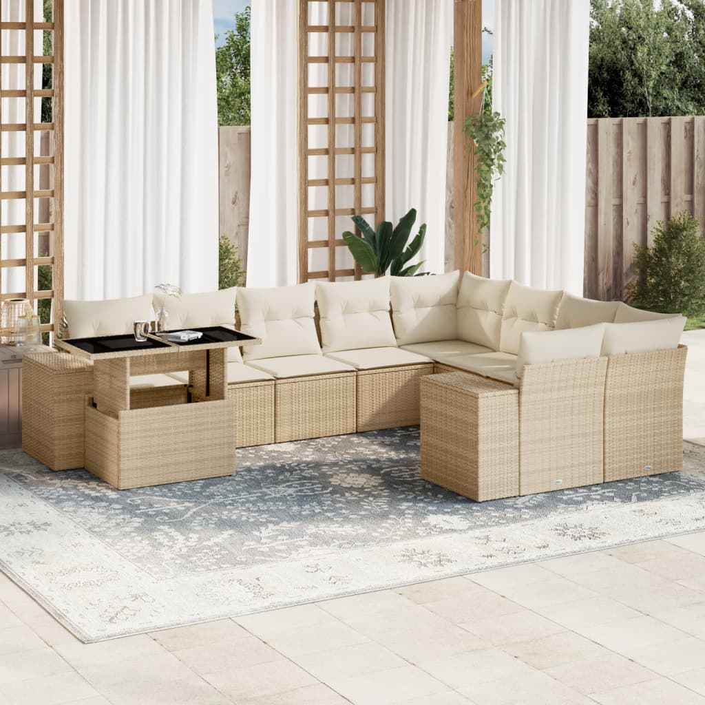 10 Pcs conjunto de sofás p/ jardim com almofadões vime PE bege