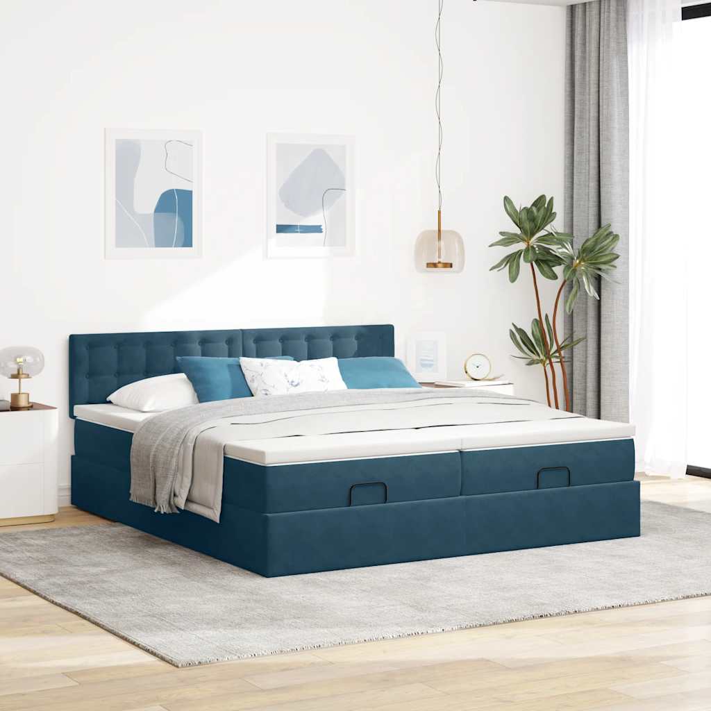Estrutura cama otomana colchões 180x200 cm veludo azul escuro
