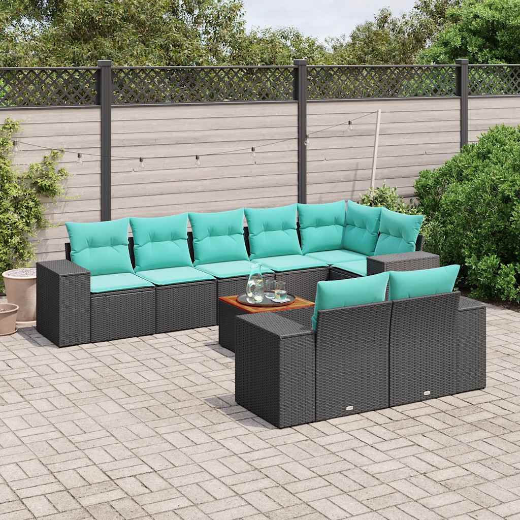 Conjunto de sofá de jardim de 9 peças com almofadas em rattan sintético preto