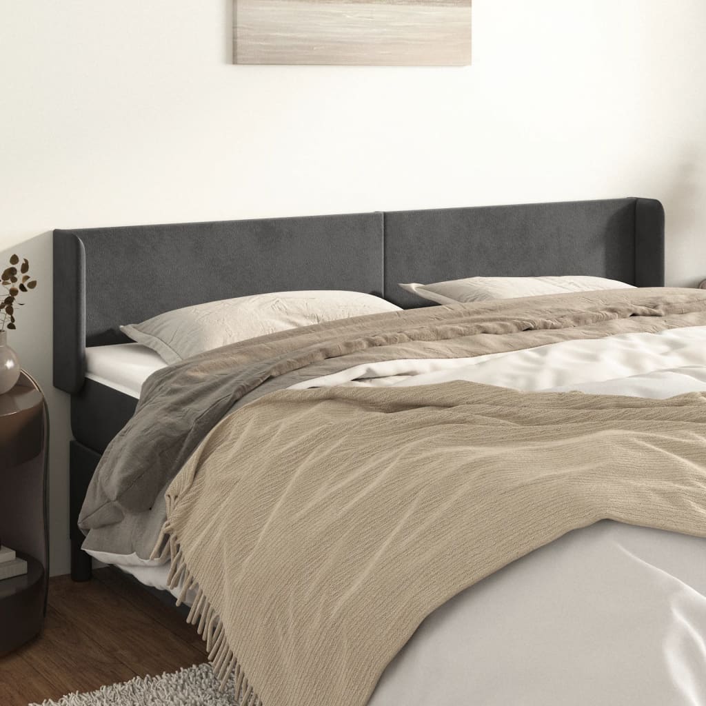 Cabeceira de cama c/ abas veludo 163x16x78/88cm cinzento-escuro