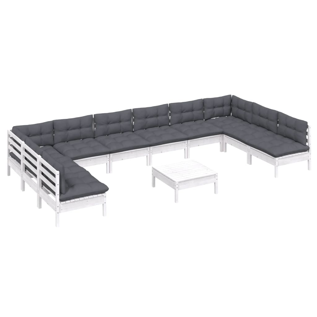11 Pcs conj. lounge de jardim c/ almofadões pinho maciço branco