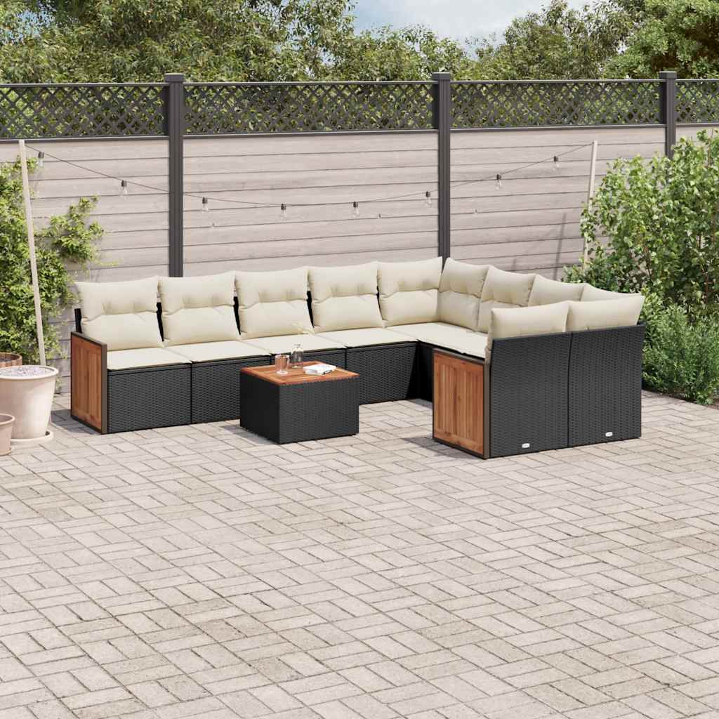 10 Pcs conjunto sofás de jardim c/ almofadões vime PE preto