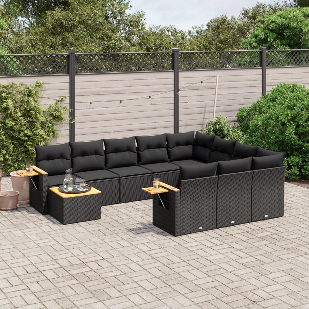 11 Pcs conjunto sofás de jardim c/ almofadões vime PE preto