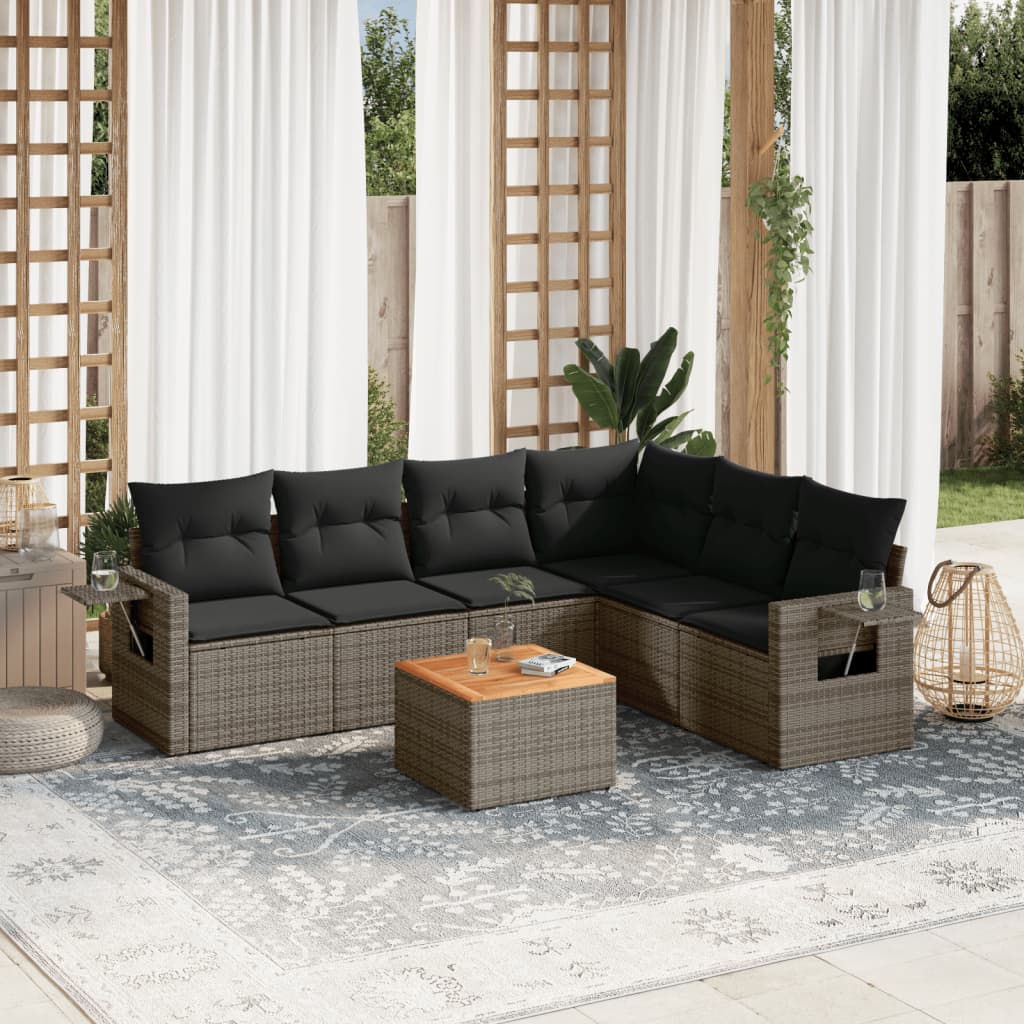 7 Pcs conjunto sofás p/ jardim c/ almofadões vime PE cinzento