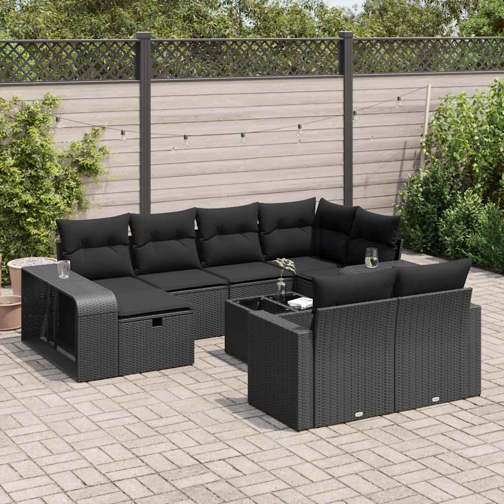 11 Pcs conjunto sofás de jardim c/ almofadões vime PE preto