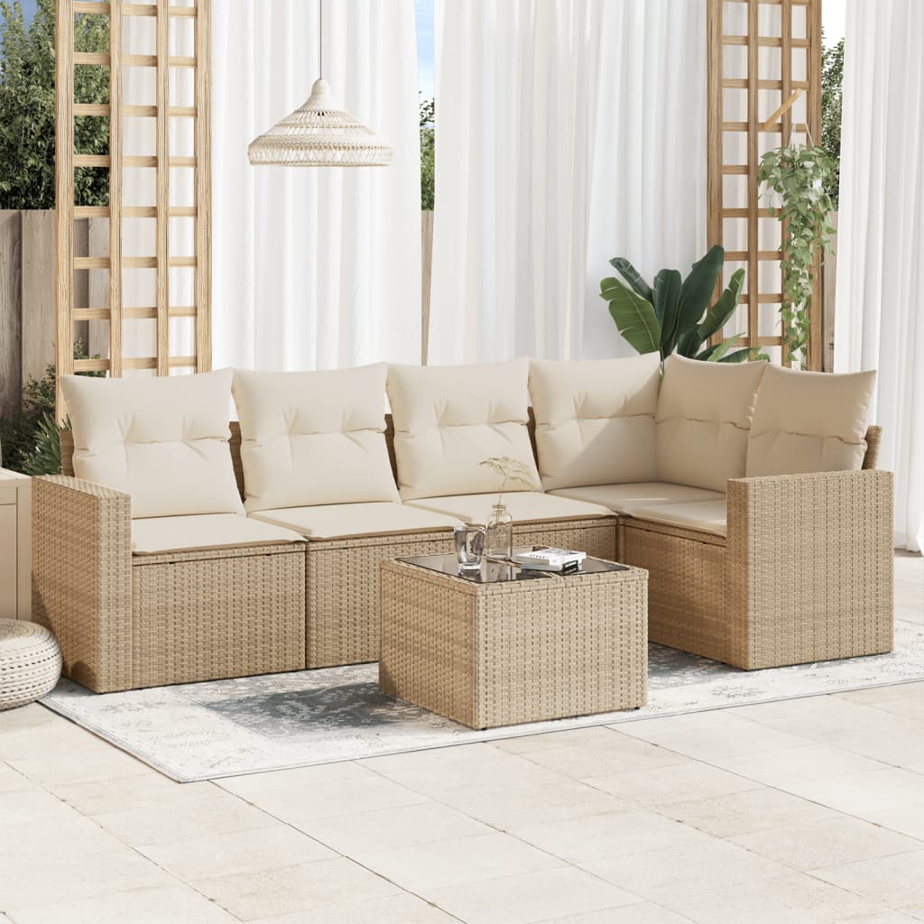 6 Pcs conjunto de sofás p/ jardim com almofadões vime PE bege