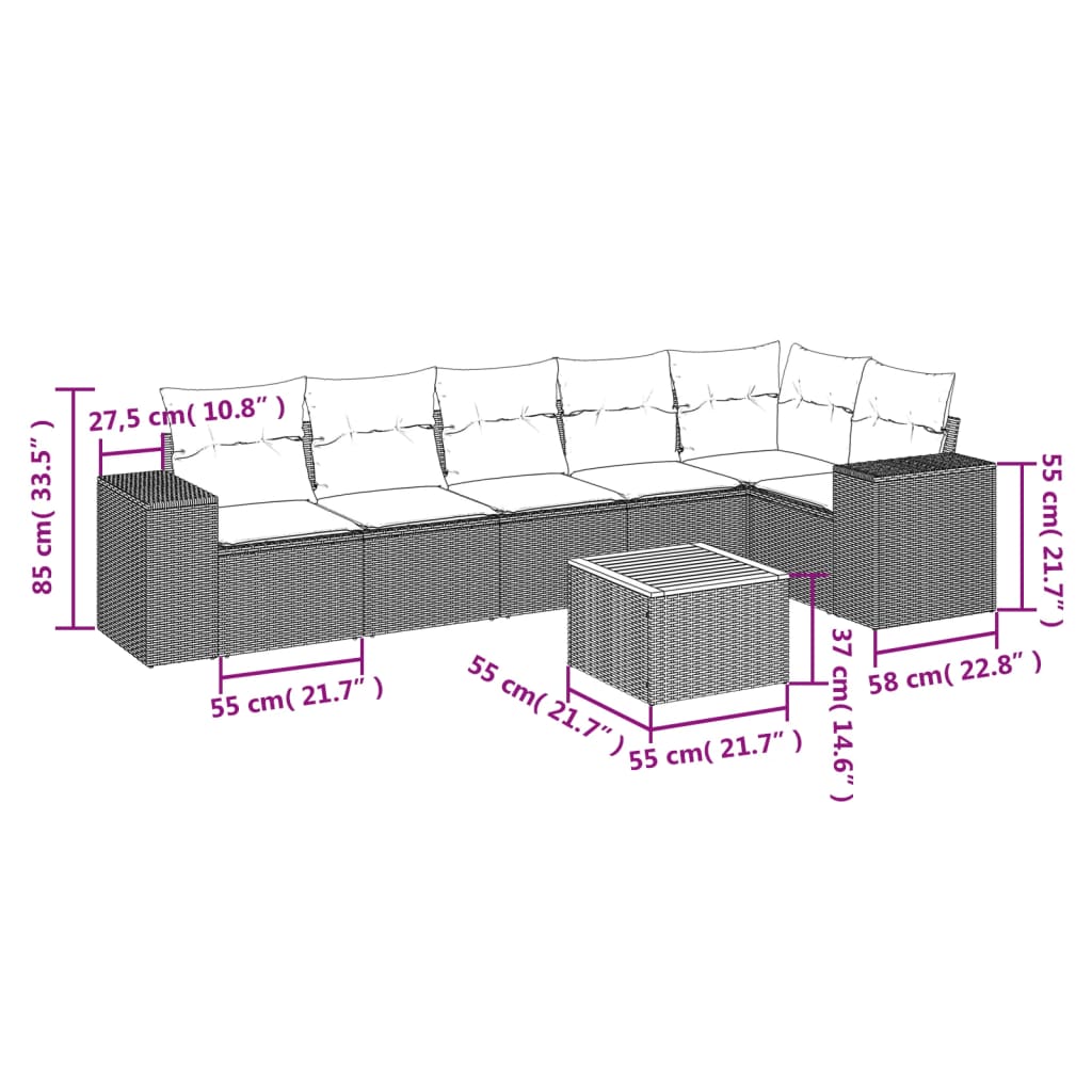 7 Pcs conjunto de sofás p/ jardim c/ almofadões vime PE preto