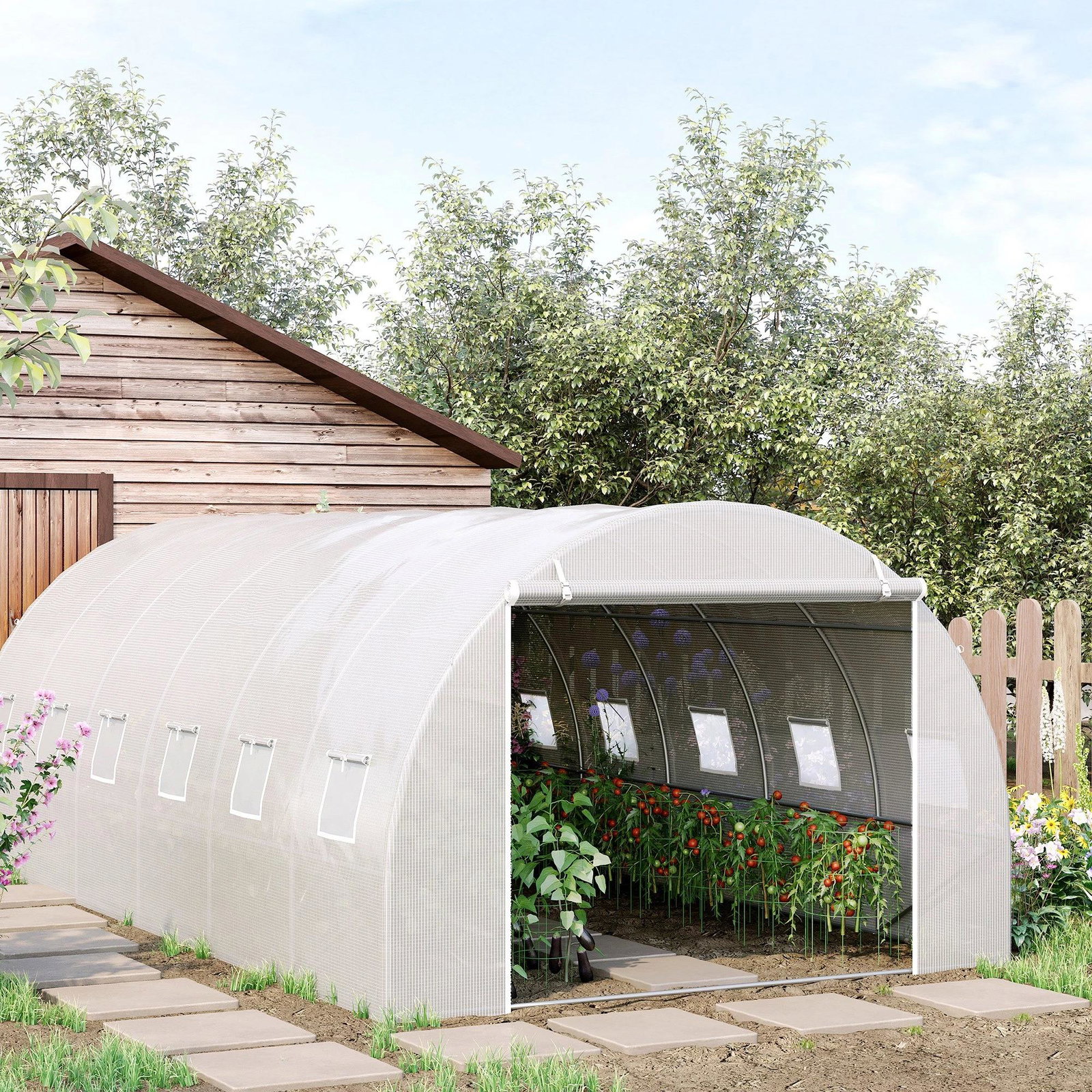 Estufa de Túnel 600x300x200cm com Porta Enrolável 12 Janelas Cobertura de PE 140g/m² e Metal Galvanizado para Cultivos de Planta