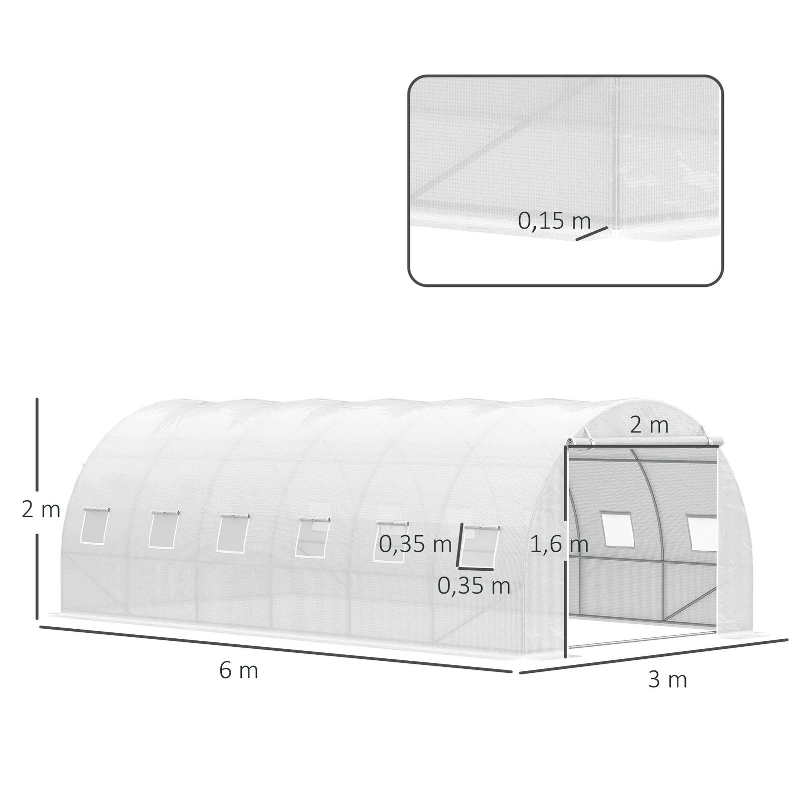Estufa de Túnel 600x300x200cm com Porta Enrolável 12 Janelas Cobertura de PE 140g/m² e Metal Galvanizado para Cultivos de Planta