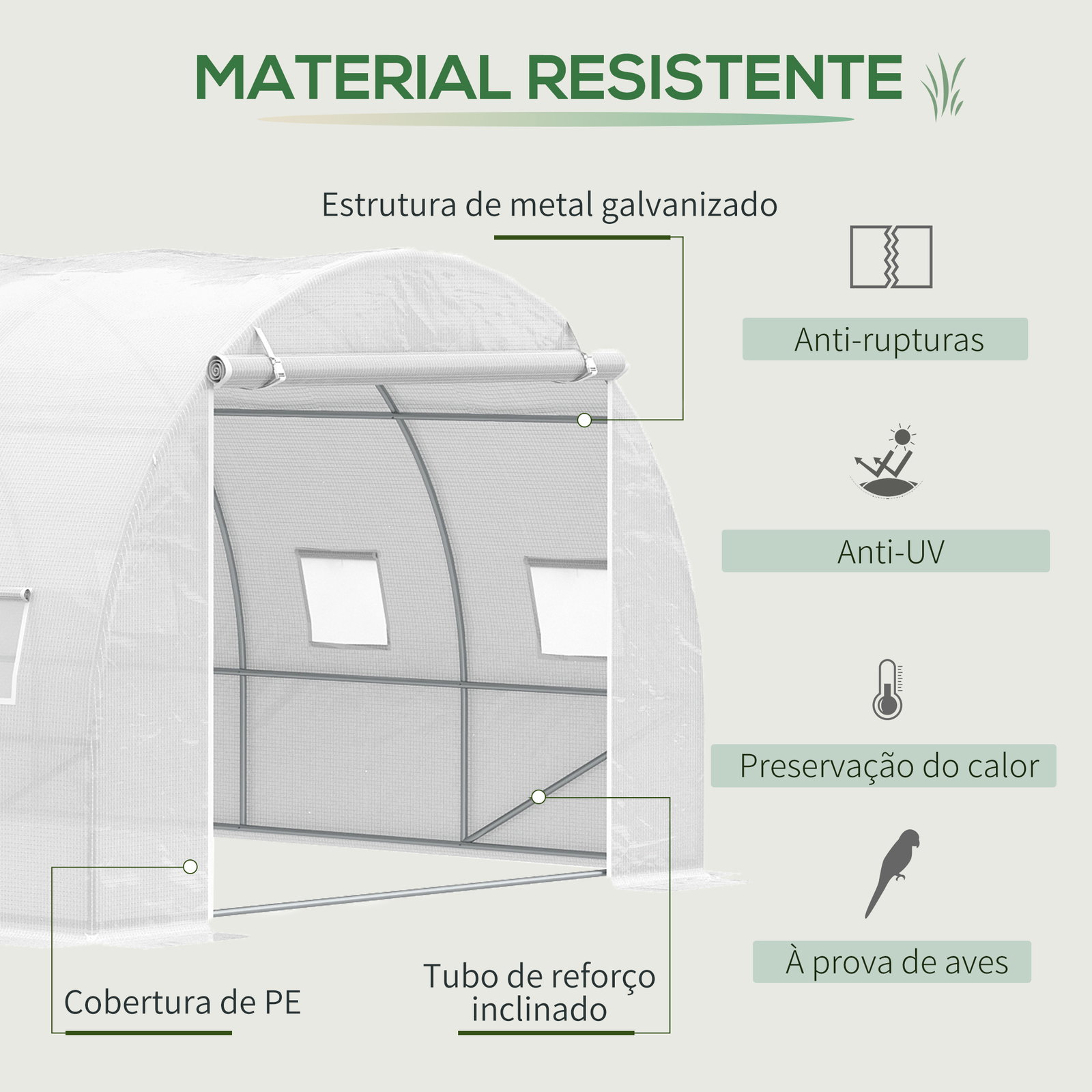 Estufa de Túnel 600x300x200cm com Porta Enrolável 12 Janelas Cobertura de PE 140g/m² e Metal Galvanizado para Cultivos de Planta