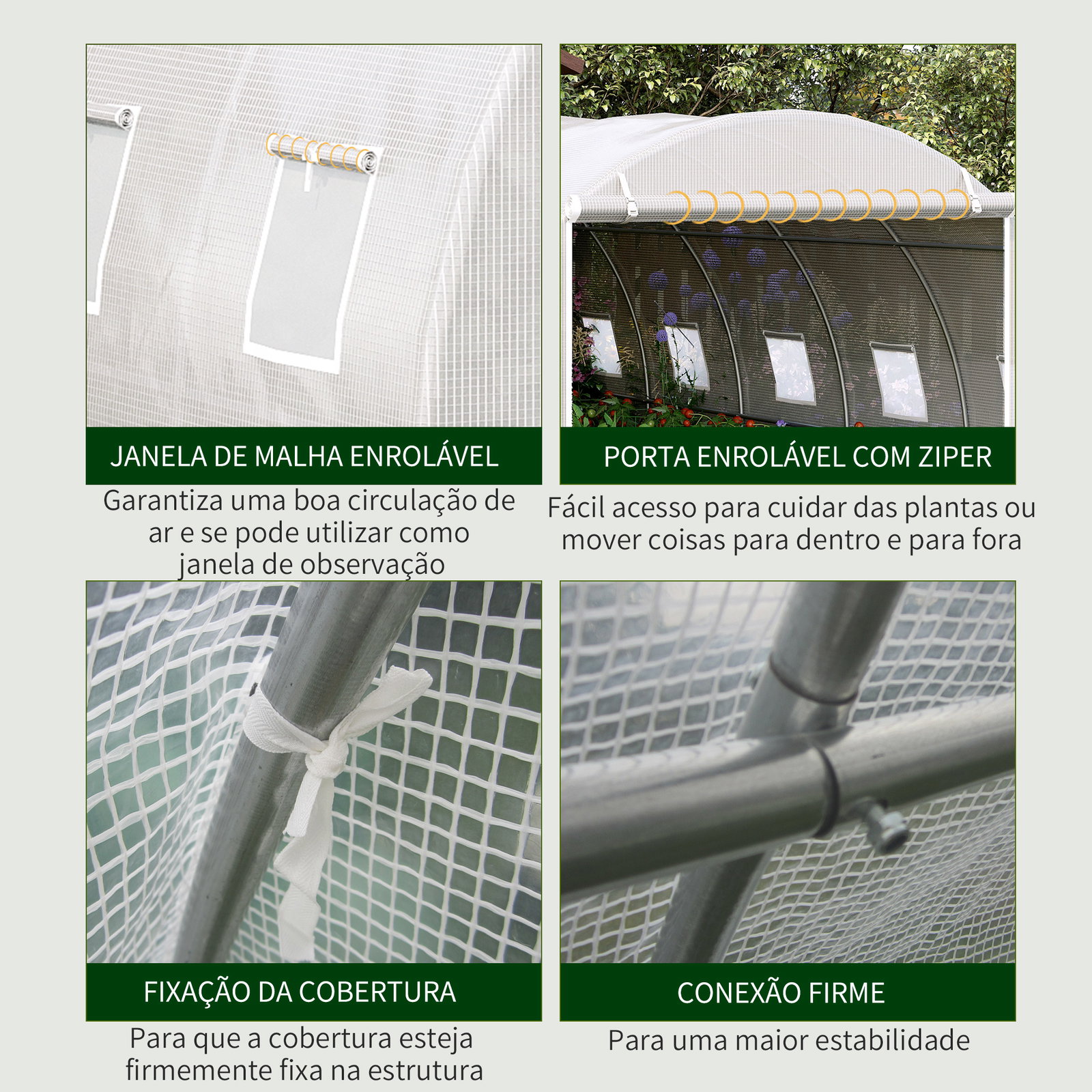 Estufa de Túnel 600x300x200cm com Porta Enrolável 12 Janelas Cobertura de PE 140g/m² e Metal Galvanizado para Cultivos de Planta