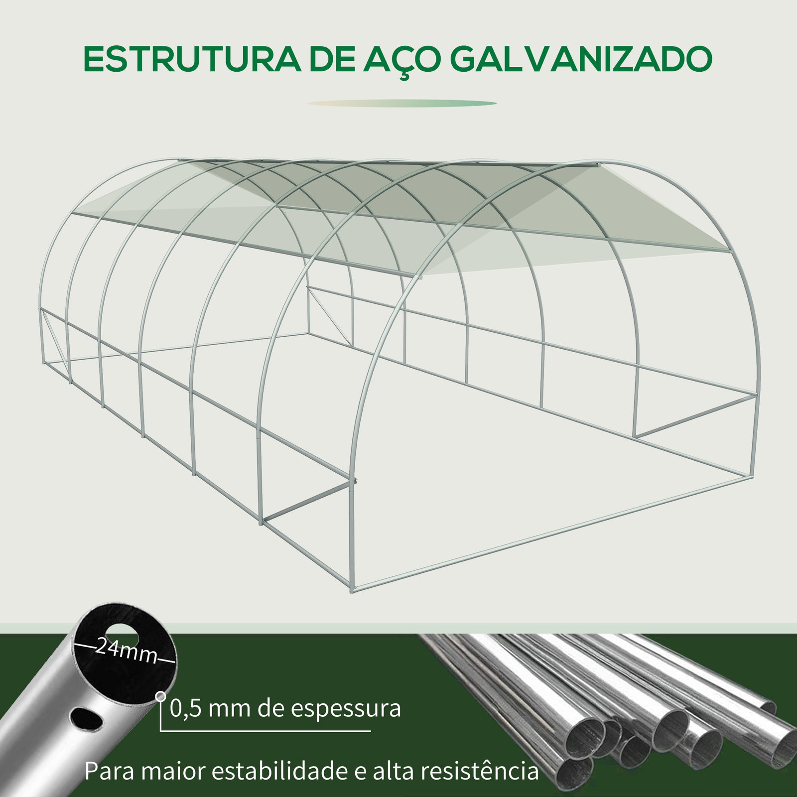 Estufa de Túnel 600x300x200cm com Porta Enrolável 12 Janelas Cobertura de PE 140g/m² e Metal Galvanizado para Cultivos de Planta