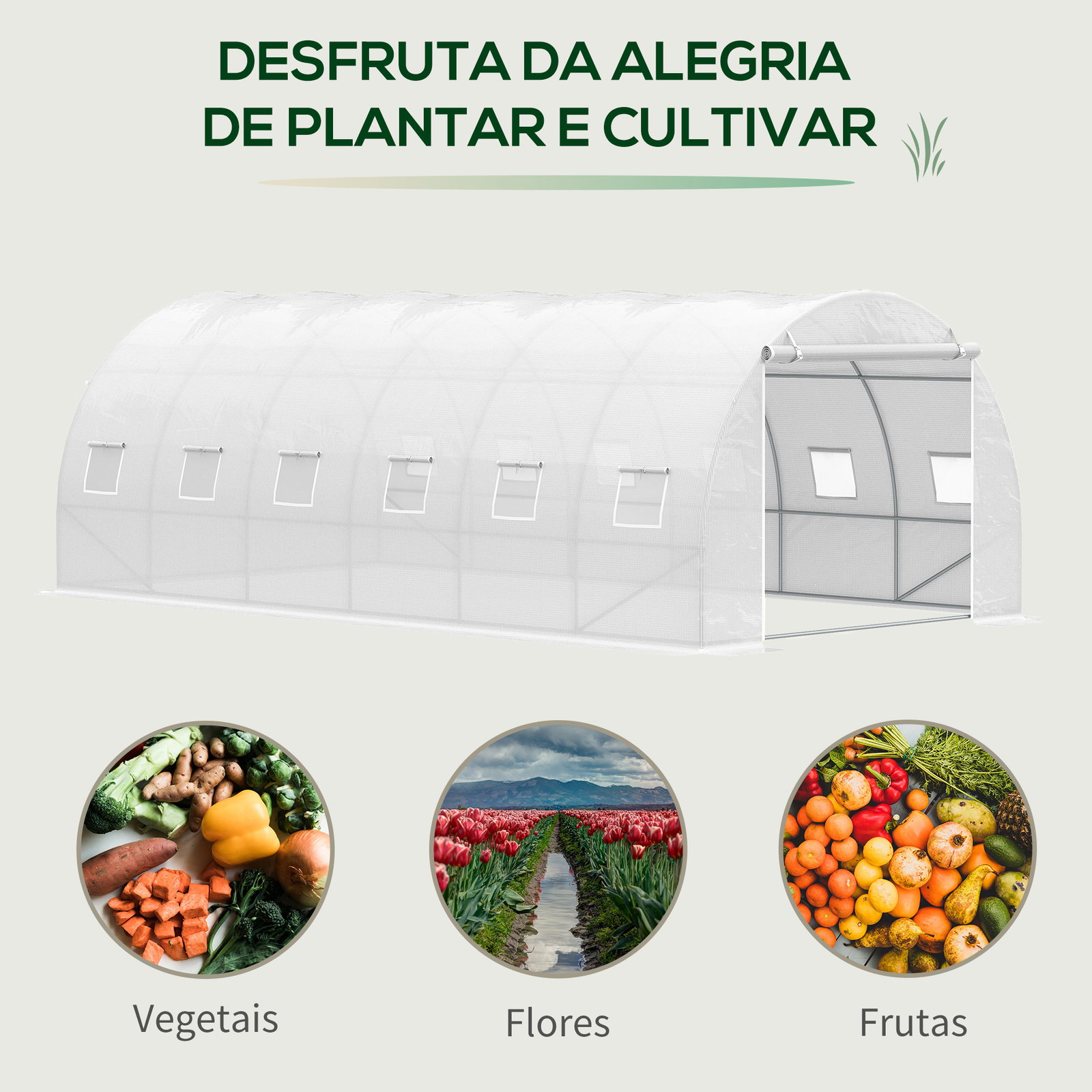 Estufa de Túnel 600x300x200cm com Porta Enrolável 12 Janelas Cobertura de PE 140g/m² e Metal Galvanizado para Cultivos de Planta