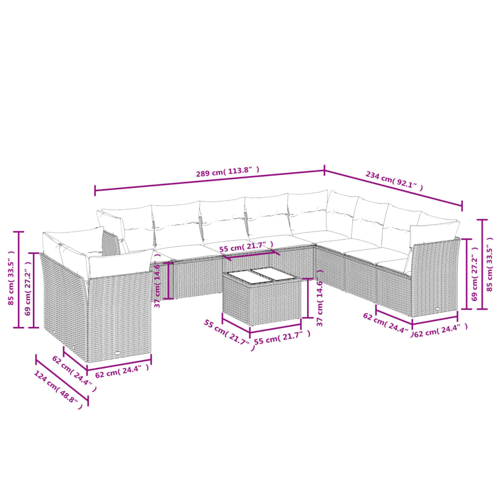11 Pcs conjunto sofás de jardim c/ almofadões vime PE bege
