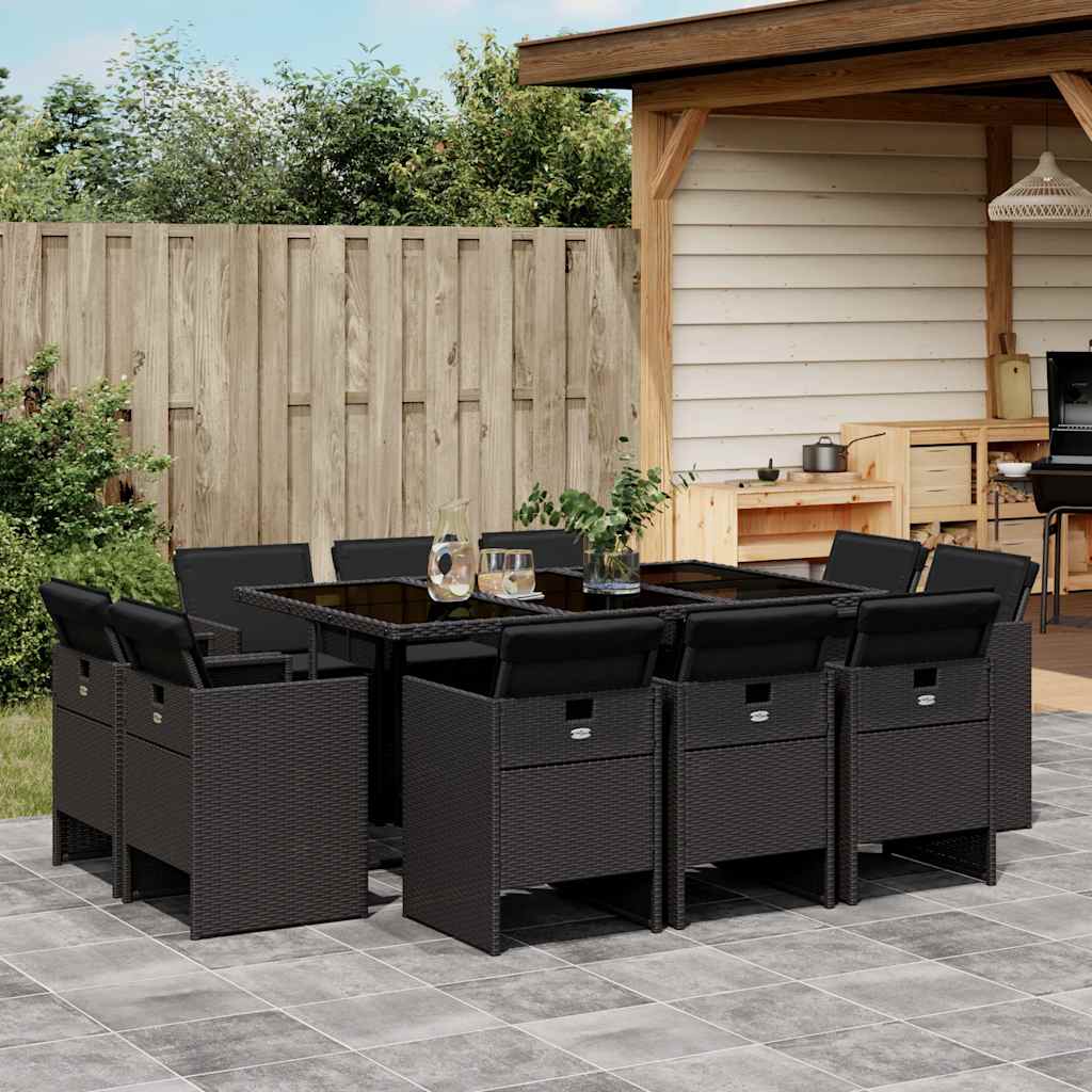 11 Pcs conjunto de jantar p/ jardim c/ almofadões vime PE preto