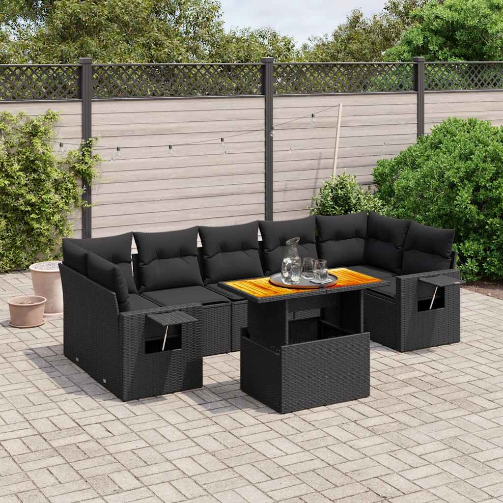 8 Pcs conjunto sofás de jardim com almofadões vime PE preto