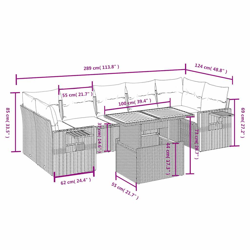 8 Pcs conjunto sofás de jardim com almofadões vime PE preto