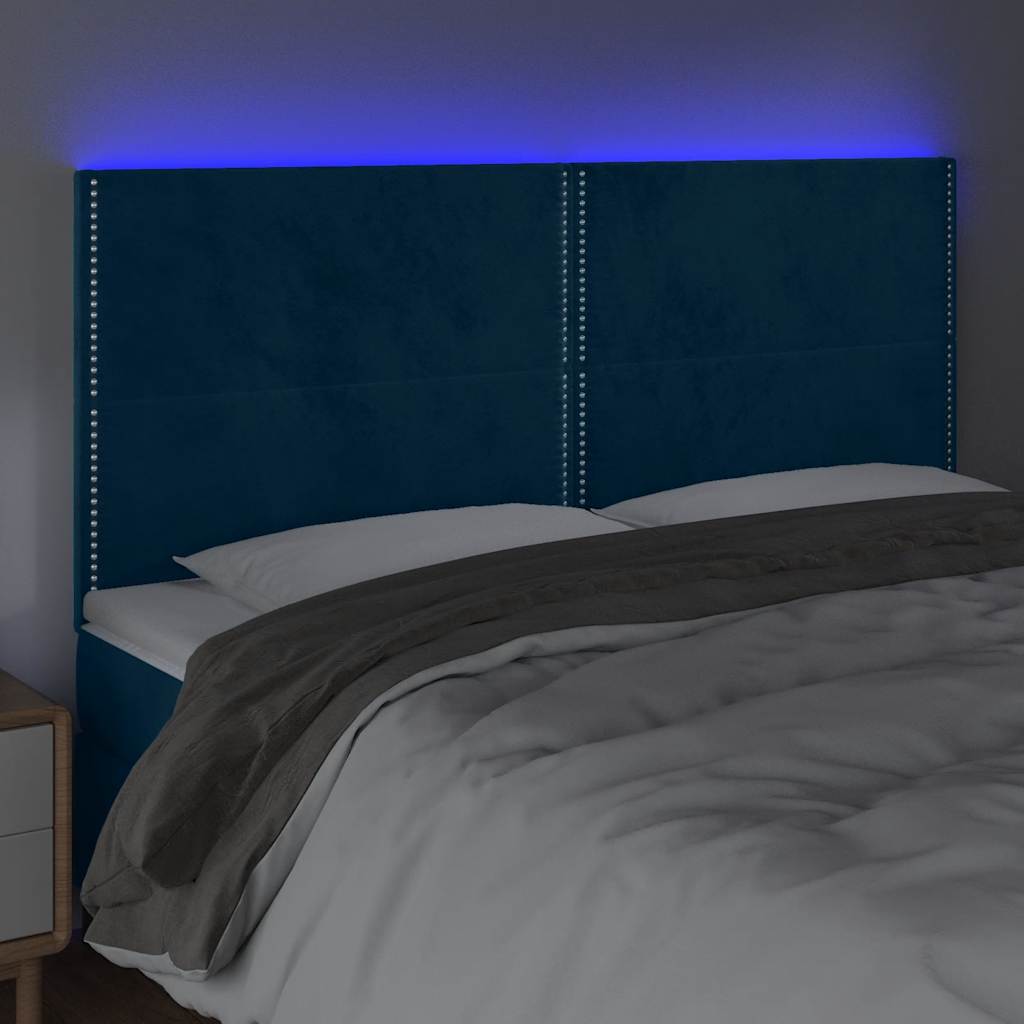 Cabeceira cama c/ luzes LED veludo 200x5x118/128cm azul-escuro