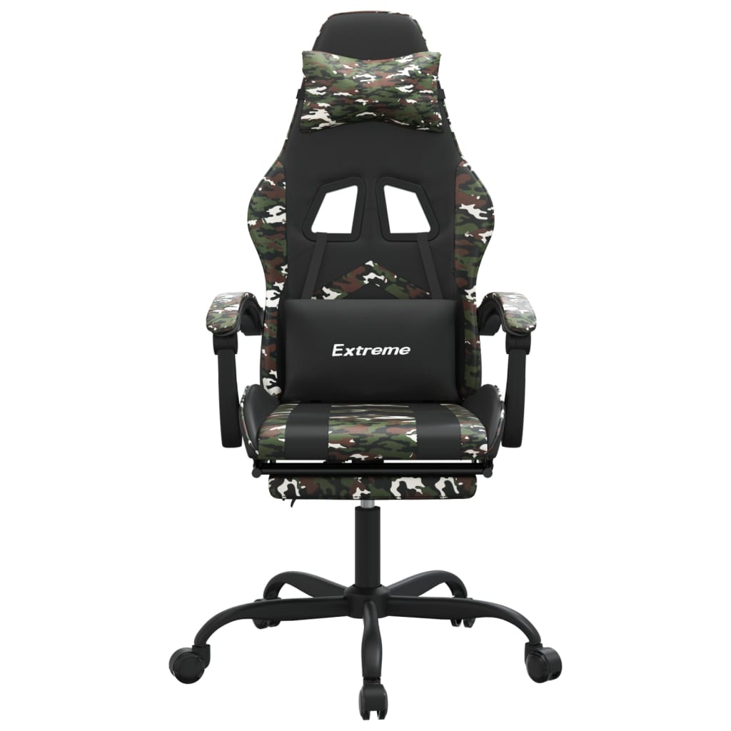 Cadeira gaming giratória + apoio pés couro art. preto/camuflado