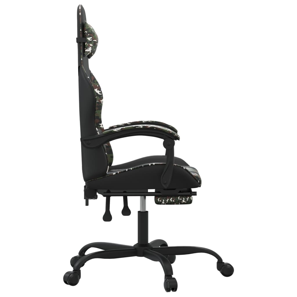 Cadeira gaming giratória + apoio pés couro art. preto/camuflado