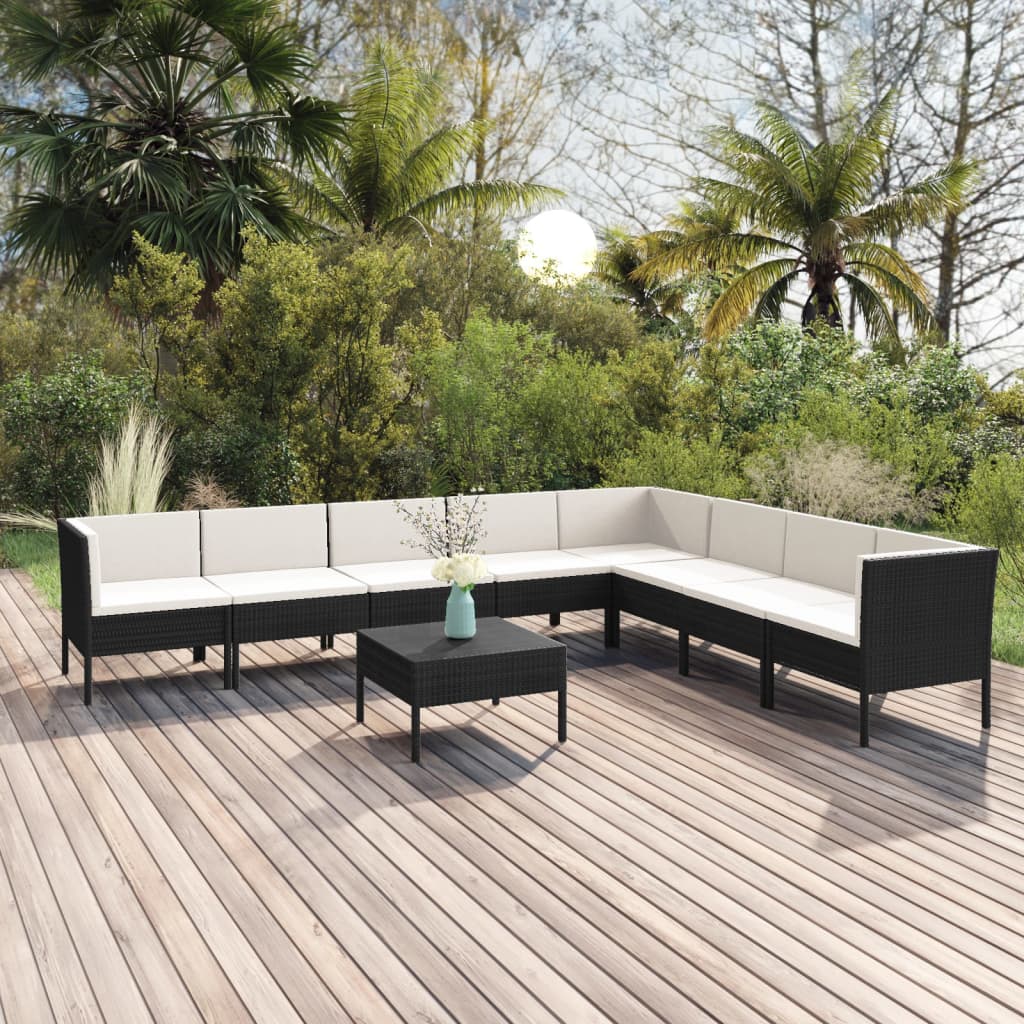 9 Pcs conjunto lounge de jardim c/ almofadões vime PE preto