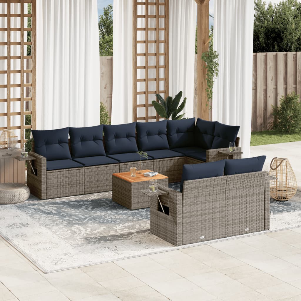 Conjunto de sofá de jardim de 9 peças com almofadas em rattan sintético cinza