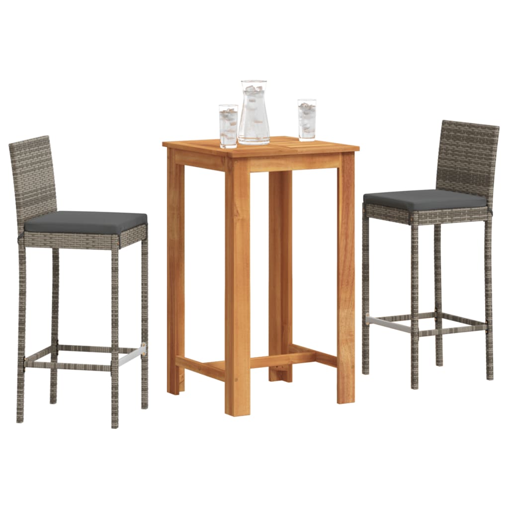3 Pcs conjunto de bar p/ jardim acácia maciça/vime PE cinzento