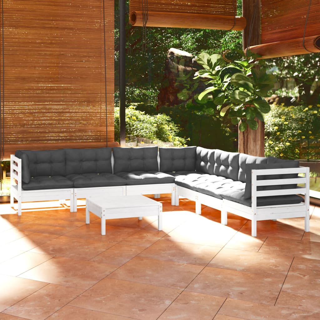 8 Pcs conj. lounge de jardim c/ almofadões pinho maciço branco