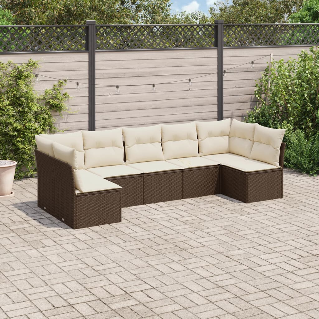 7 Pcs conjunto de sofás jardim c/ almofadões vime PE castanho