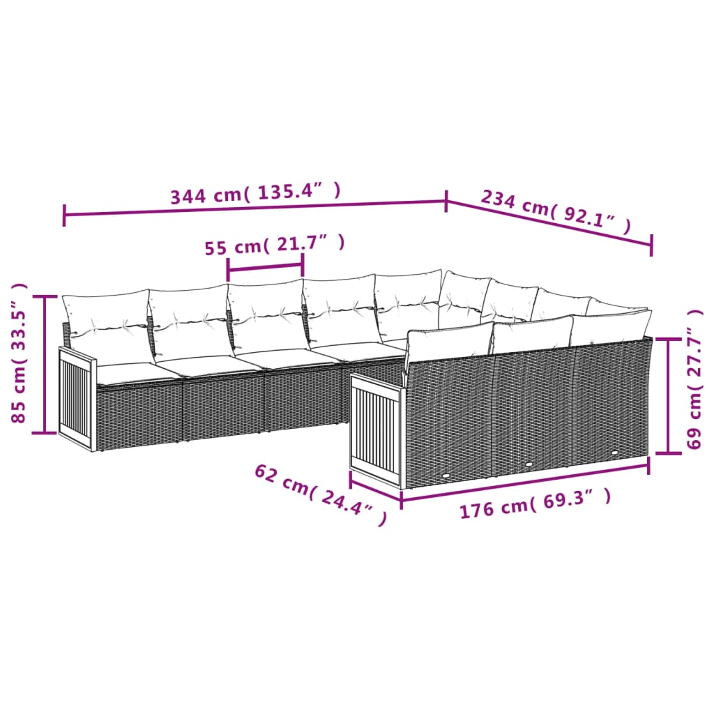 10 Pcs conjunto de sofás p/ jardim com almofadões vime PE bege