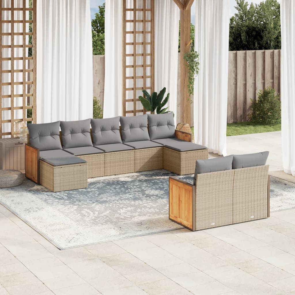 9 Pcs conjunto de sofás p/ jardim com almofadões vime PE bege