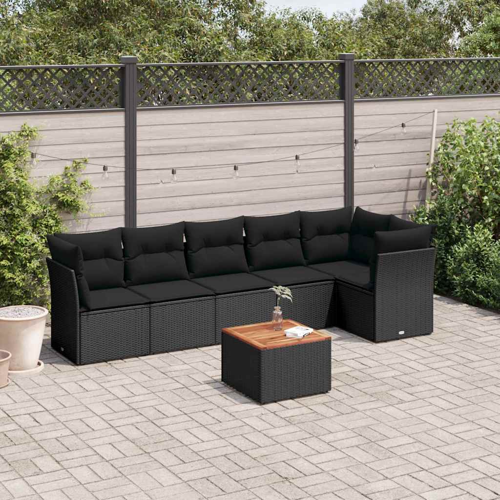7 Pcs conjunto de sofás p/ jardim c/ almofadões vime PE preto