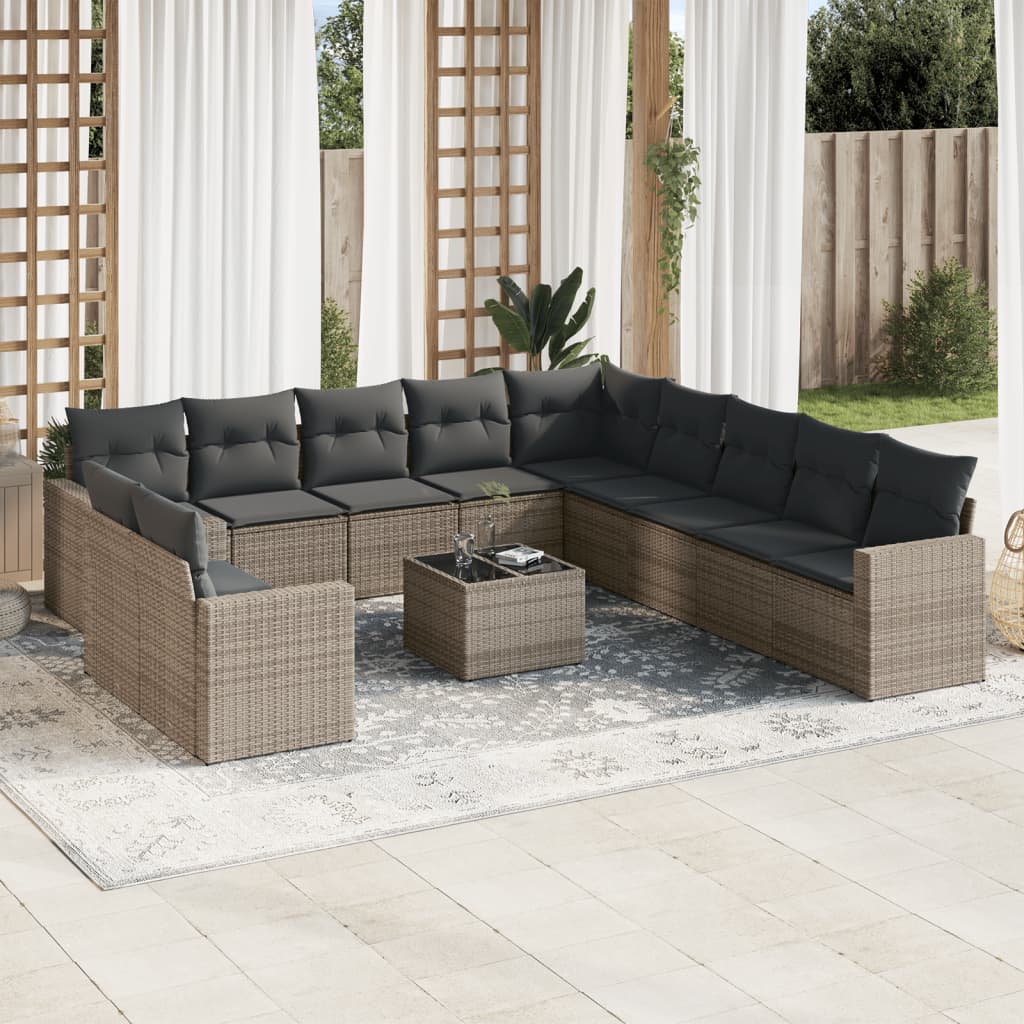 12 Pcs conjunto de sofás jardim c/ almofadões vime PE cinzento