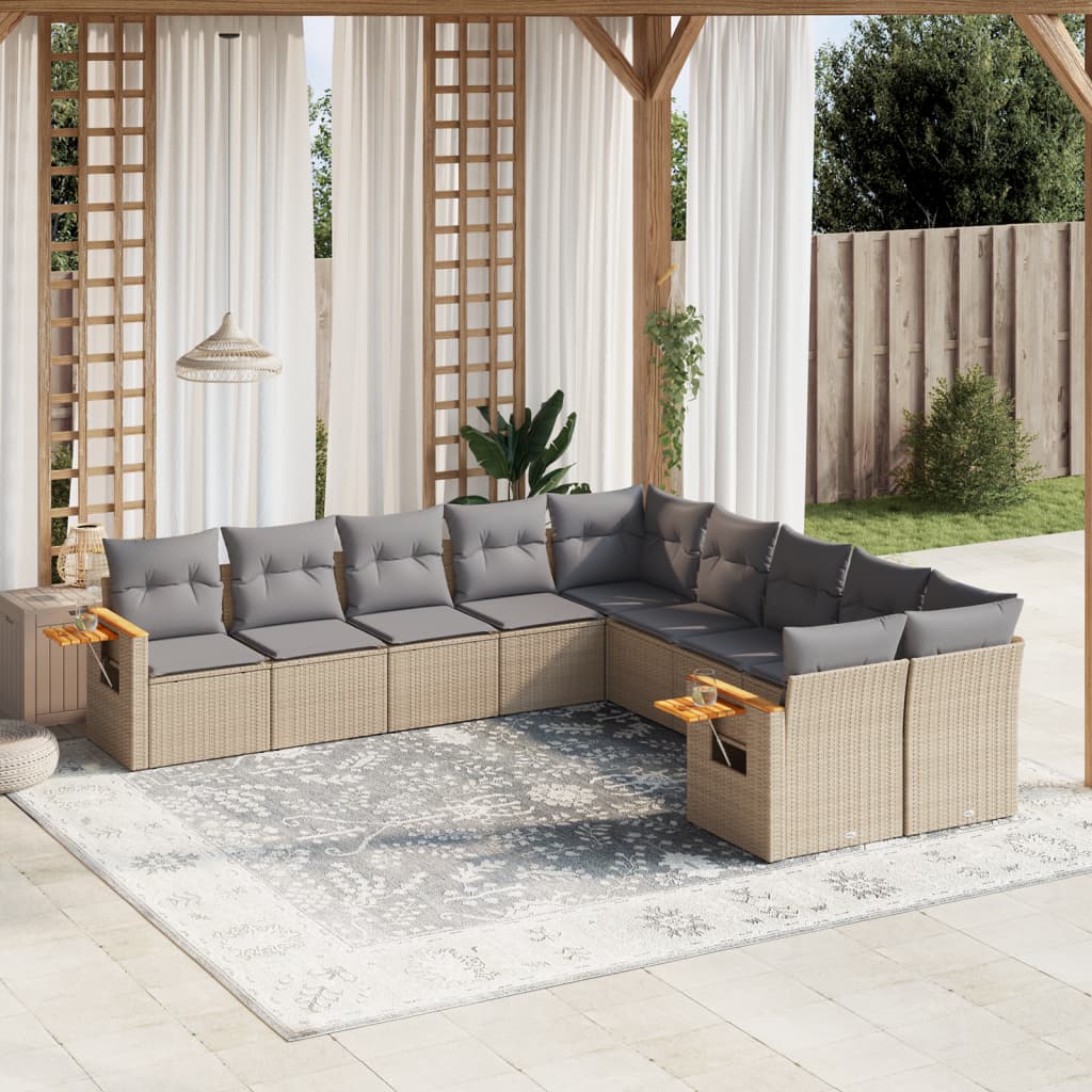 10 Pcs conjunto de sofás p/ jardim com almofadões vime PE bege