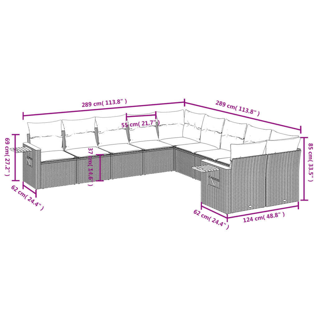 10 Pcs conjunto de sofás p/ jardim com almofadões vime PE bege
