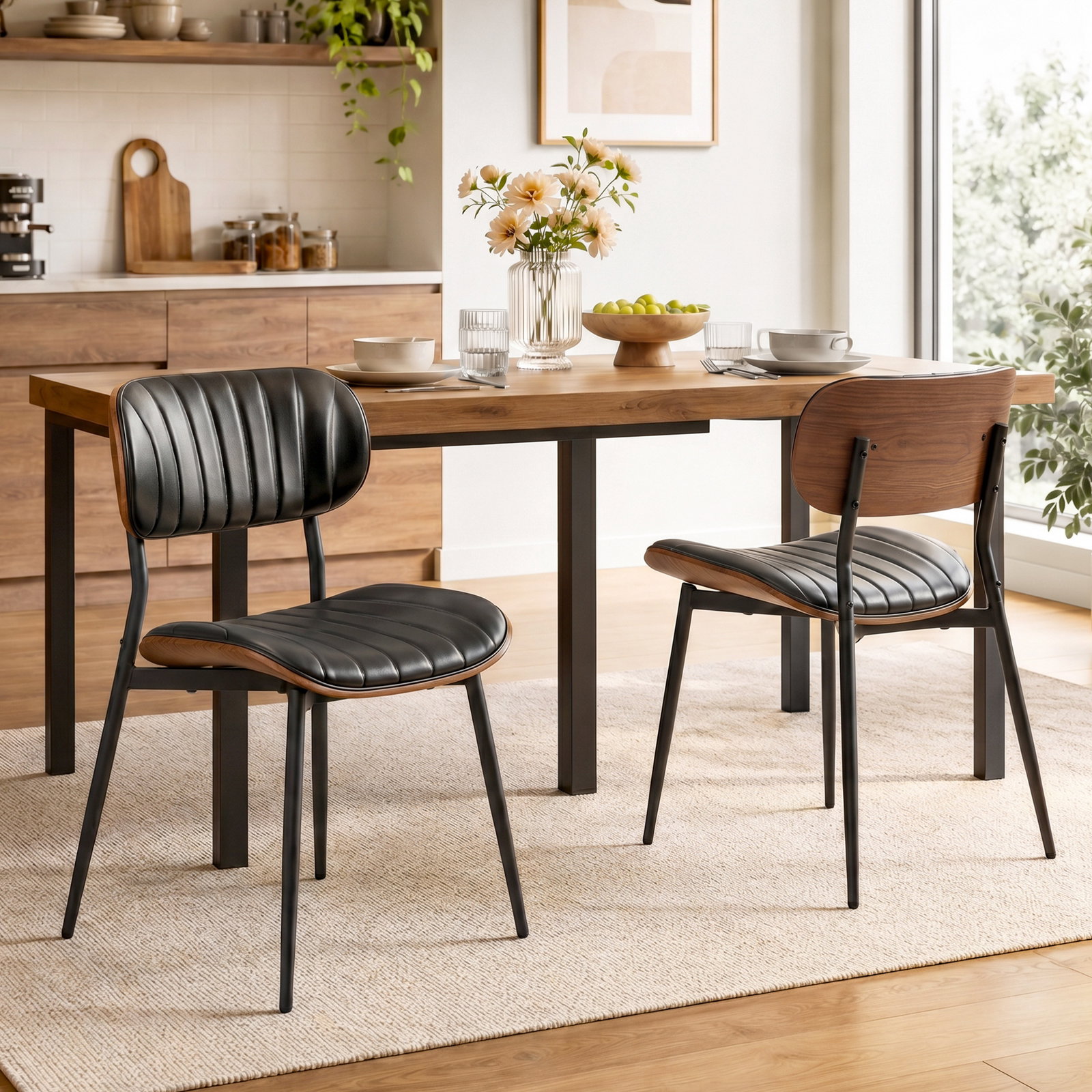 Conjunto de 2 cadeiras de sala de jantar em pele sintética com encosto curvo e pernas metálicas 49,5 x 49,5 x 80 cm preto e castanho