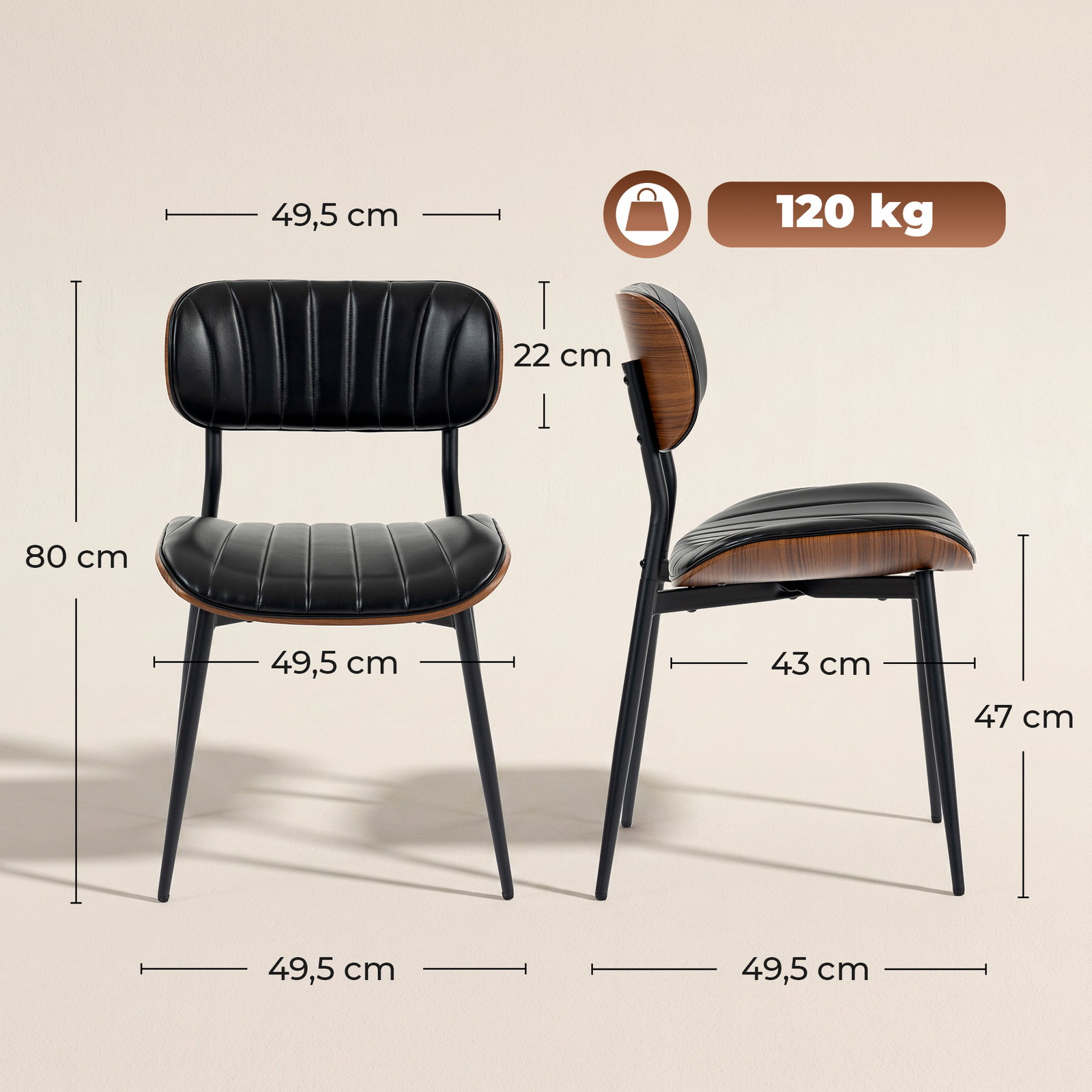 Conjunto de 2 cadeiras de sala de jantar em pele sintética com encosto curvo e pernas metálicas 49,5 x 49,5 x 80 cm preto e castanho