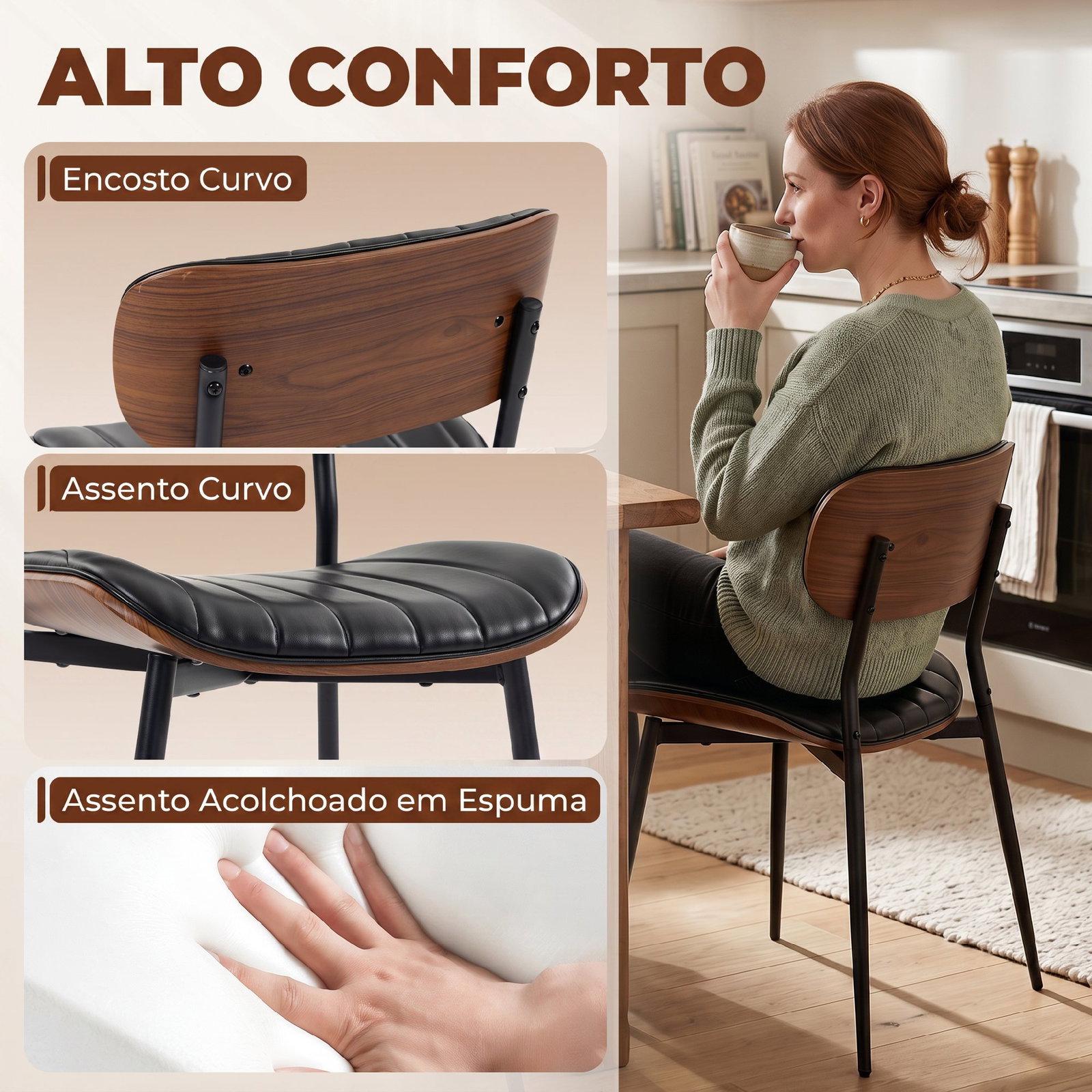 Conjunto de 2 cadeiras de sala de jantar em pele sintética com encosto curvo e pernas metálicas 49,5 x 49,5 x 80 cm preto e castanho