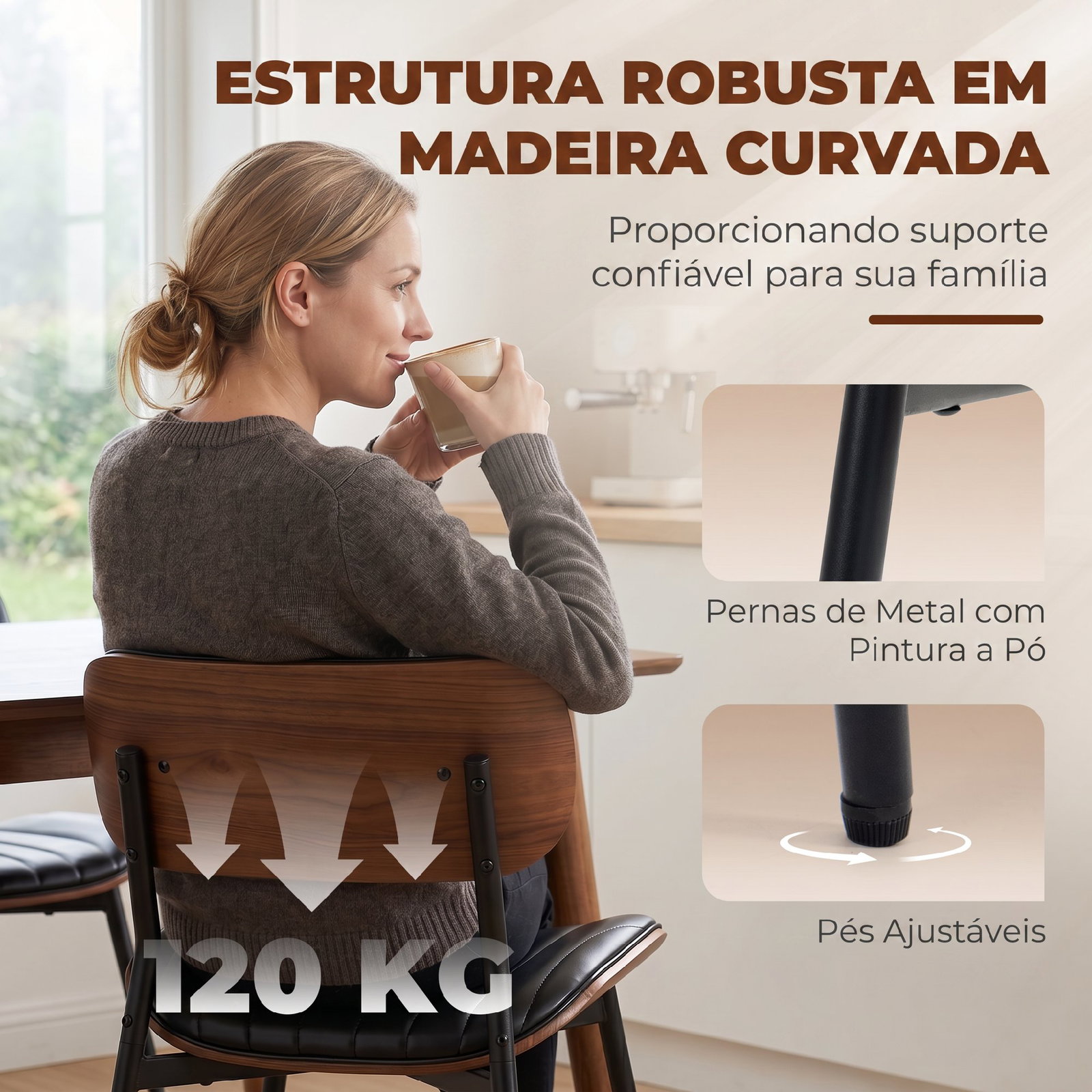 Conjunto de 2 cadeiras de sala de jantar em pele sintética com encosto curvo e pernas metálicas 49,5 x 49,5 x 80 cm preto e castanho
