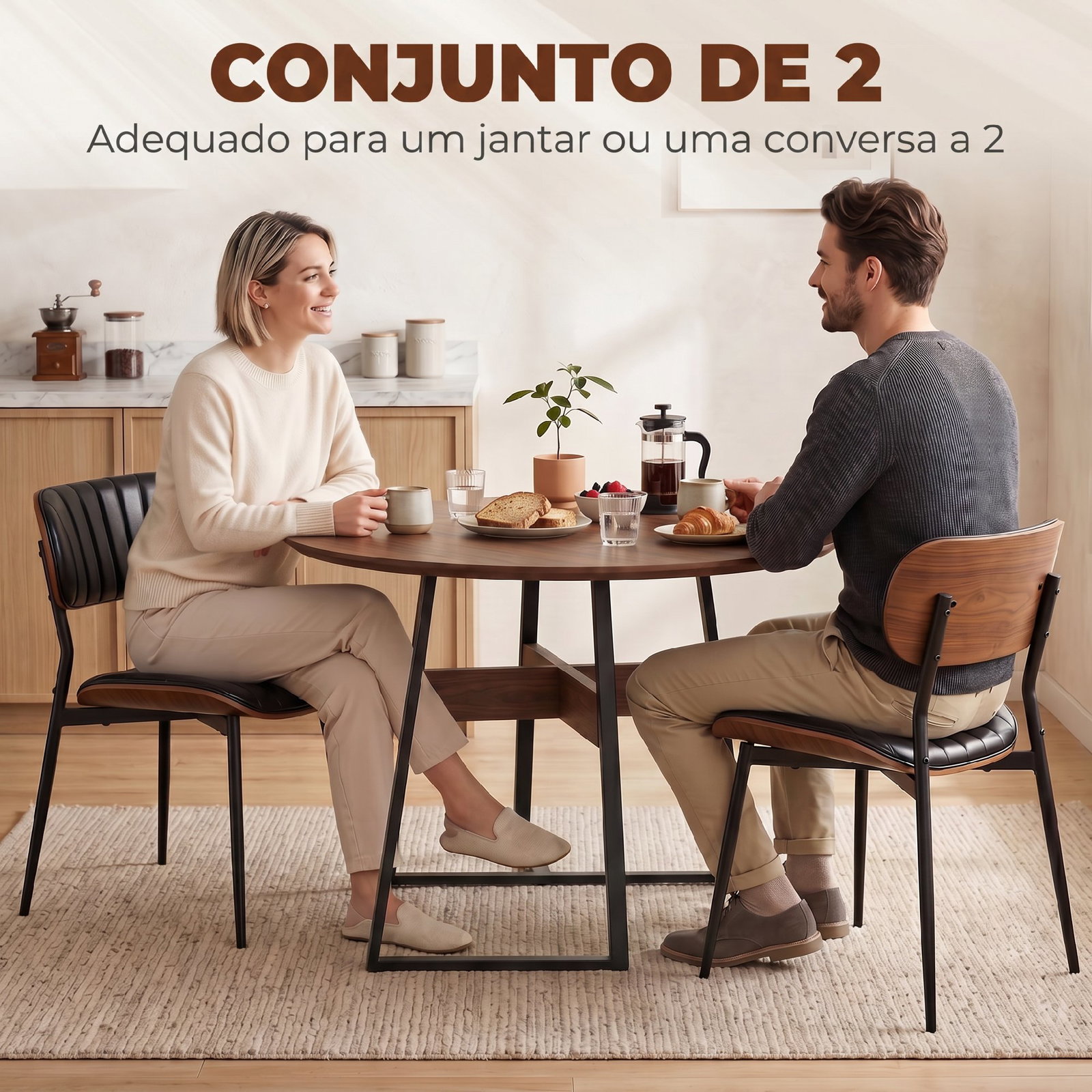 Conjunto de 2 cadeiras de sala de jantar em pele sintética com encosto curvo e pernas metálicas 49,5 x 49,5 x 80 cm preto e castanho