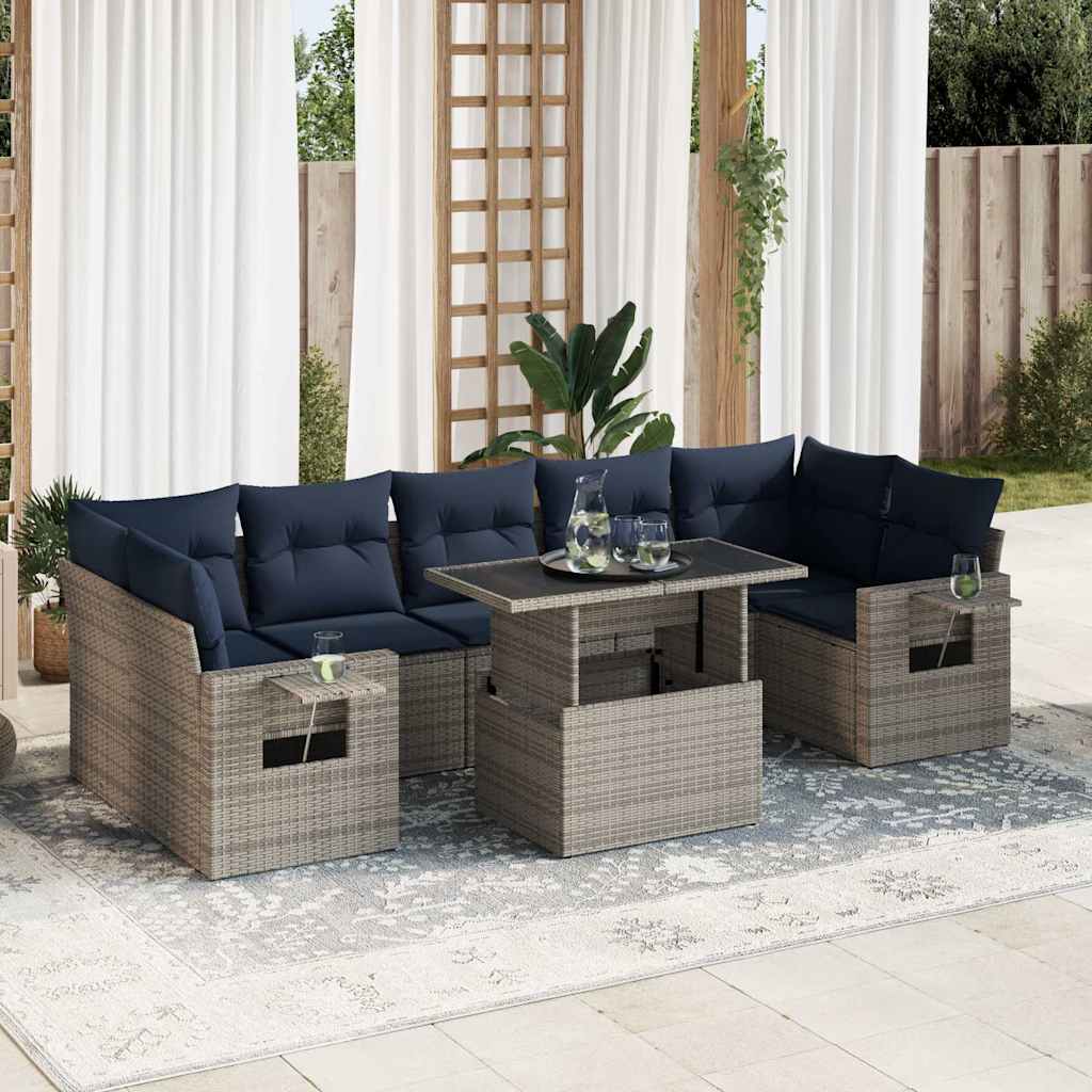 8 Pcs conjunto sofás jardim com almofadões vime PE/acácia cinzento