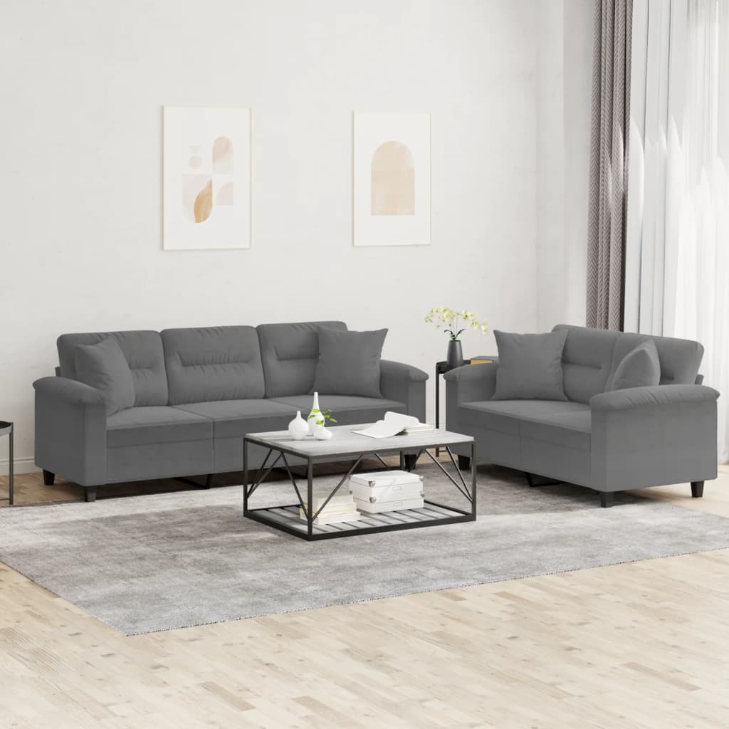 2 Pcs conjunto sofás c/ almofadas microfibra cinza-escuro