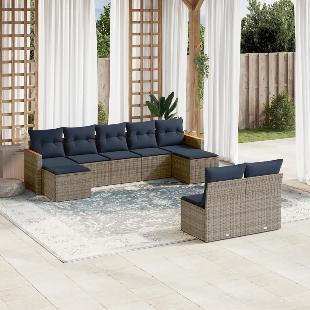 Conjunto de sofá de jardim de 9 peças com almofadas em rattan sintético cinza