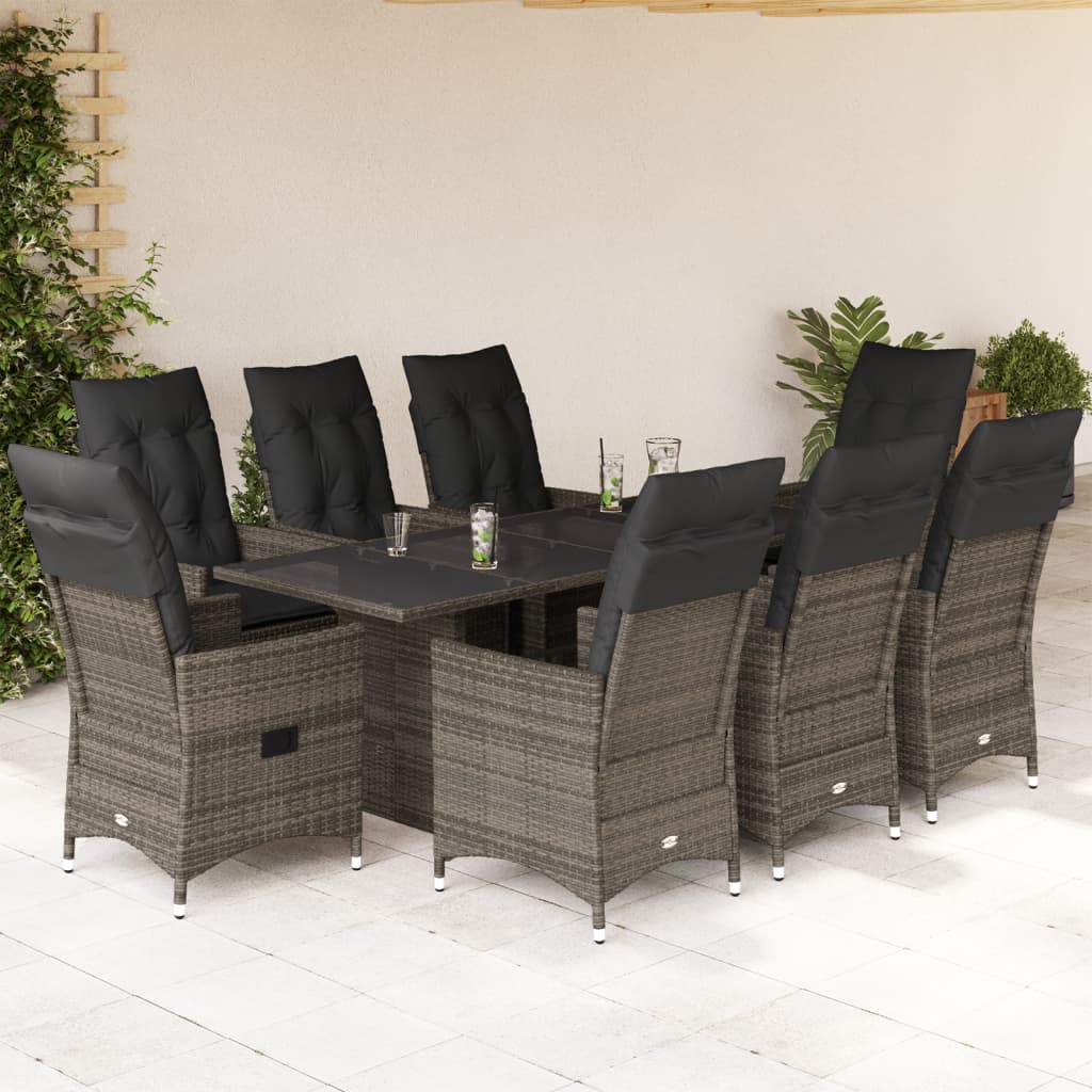 9 Pcs conjunto de jantar p/ jardim c/ almofadões vime PE cinza