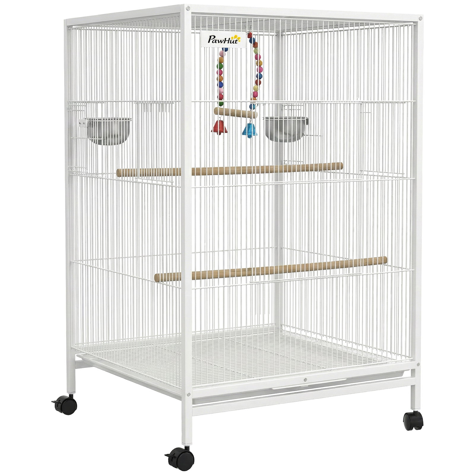 Gaiola para pássaros com rodas poleiros baloiço bandeja removível e tigelas de aço inoxidável 48x46x78 cm branco