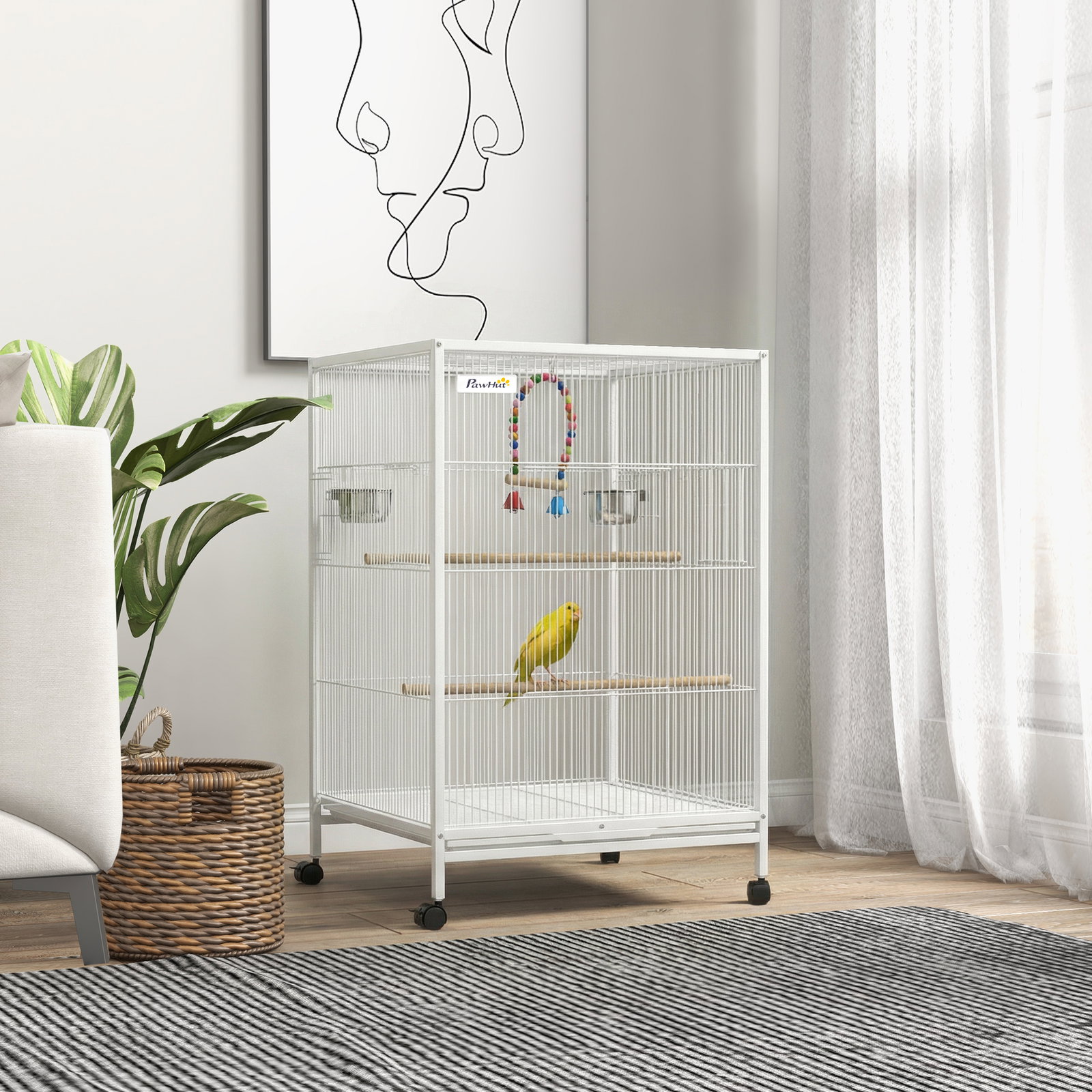 Gaiola para pássaros com rodas poleiros baloiço bandeja removível e tigelas de aço inoxidável 48x46x78 cm branco