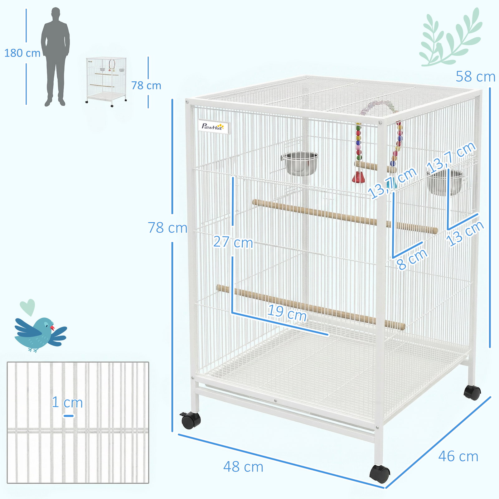 Gaiola para pássaros com rodas poleiros baloiço bandeja removível e tigelas de aço inoxidável 48x46x78 cm branco