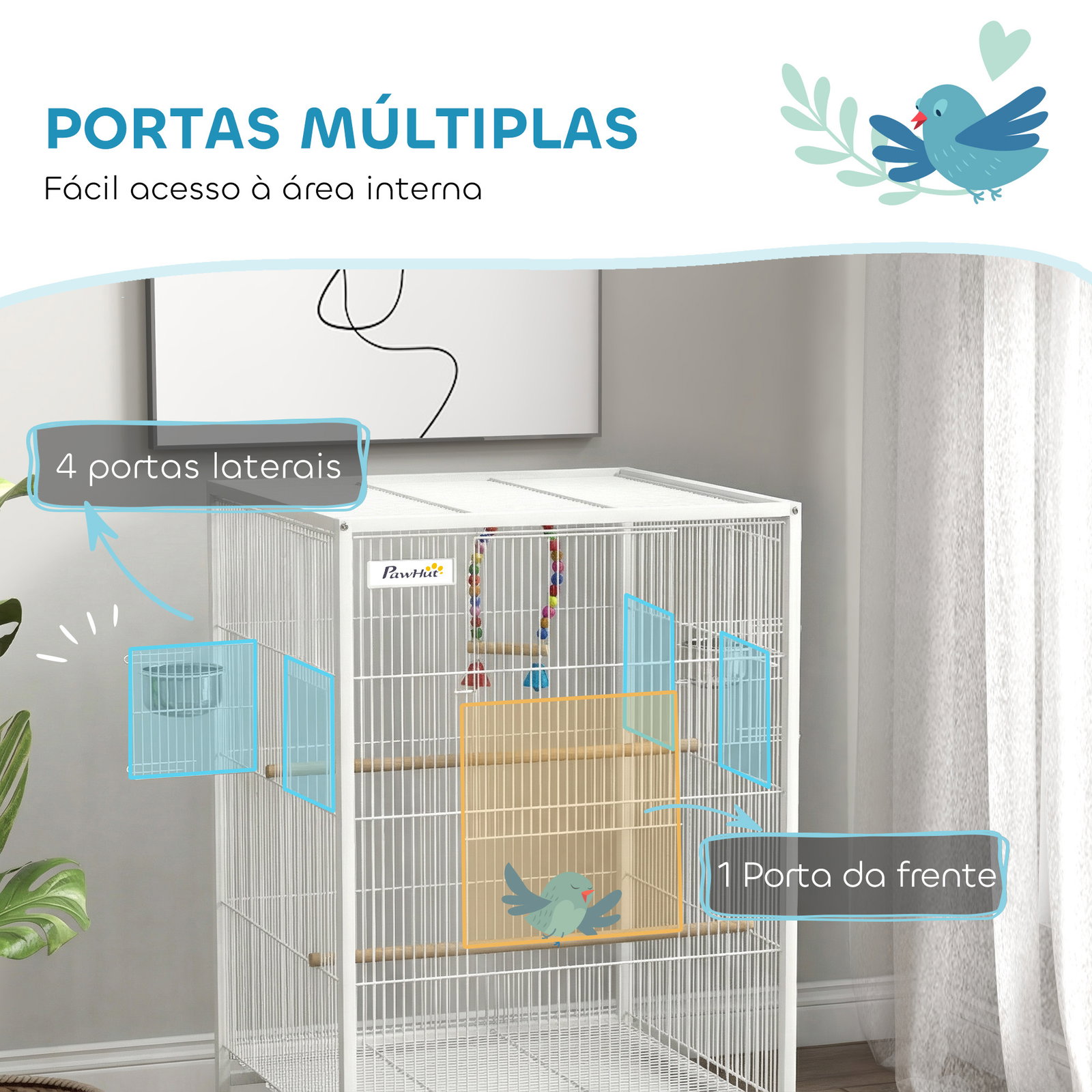Gaiola para pássaros com rodas poleiros baloiço bandeja removível e tigelas de aço inoxidável 48x46x78 cm branco