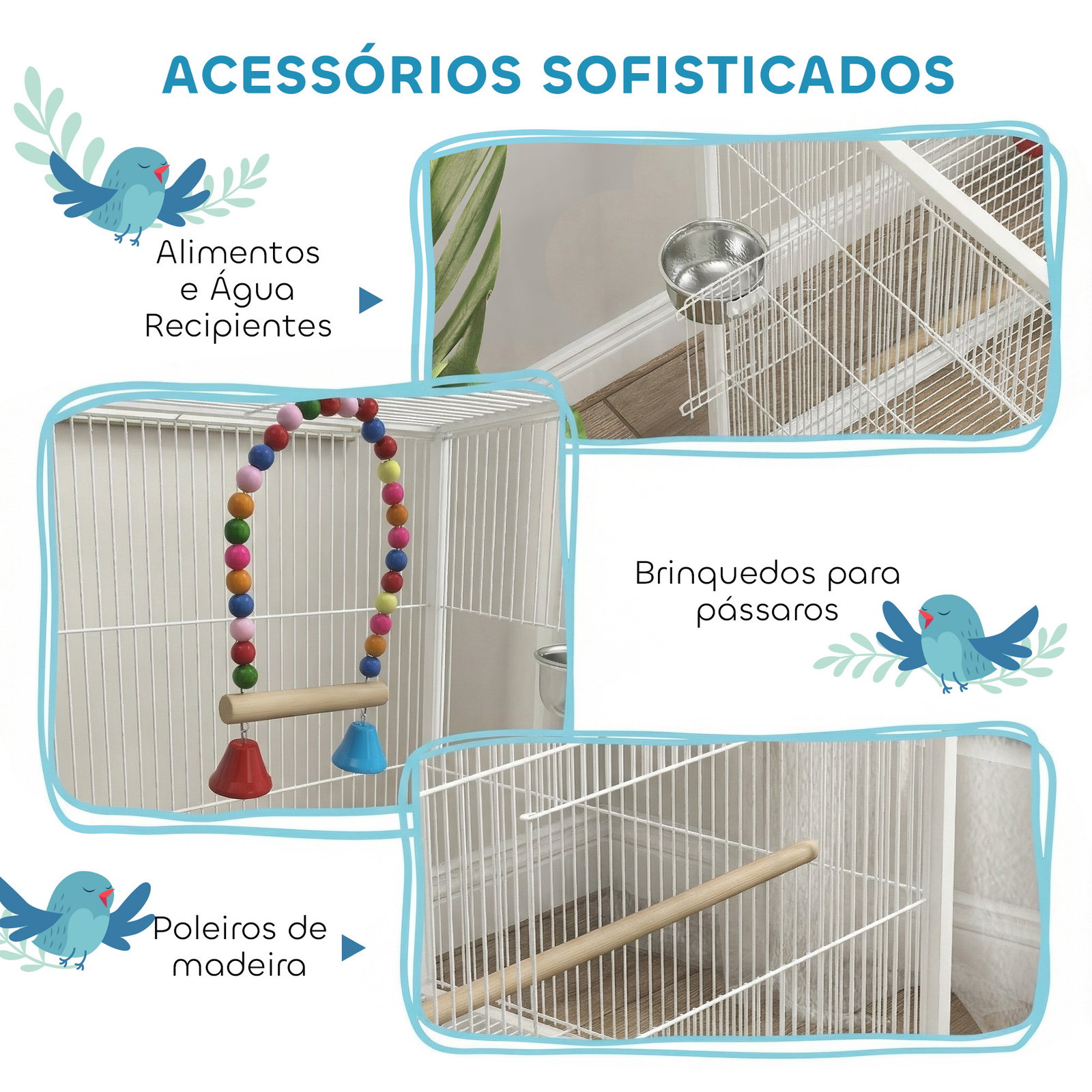 Gaiola para pássaros com rodas poleiros baloiço bandeja removível e tigelas de aço inoxidável 48x46x78 cm branco