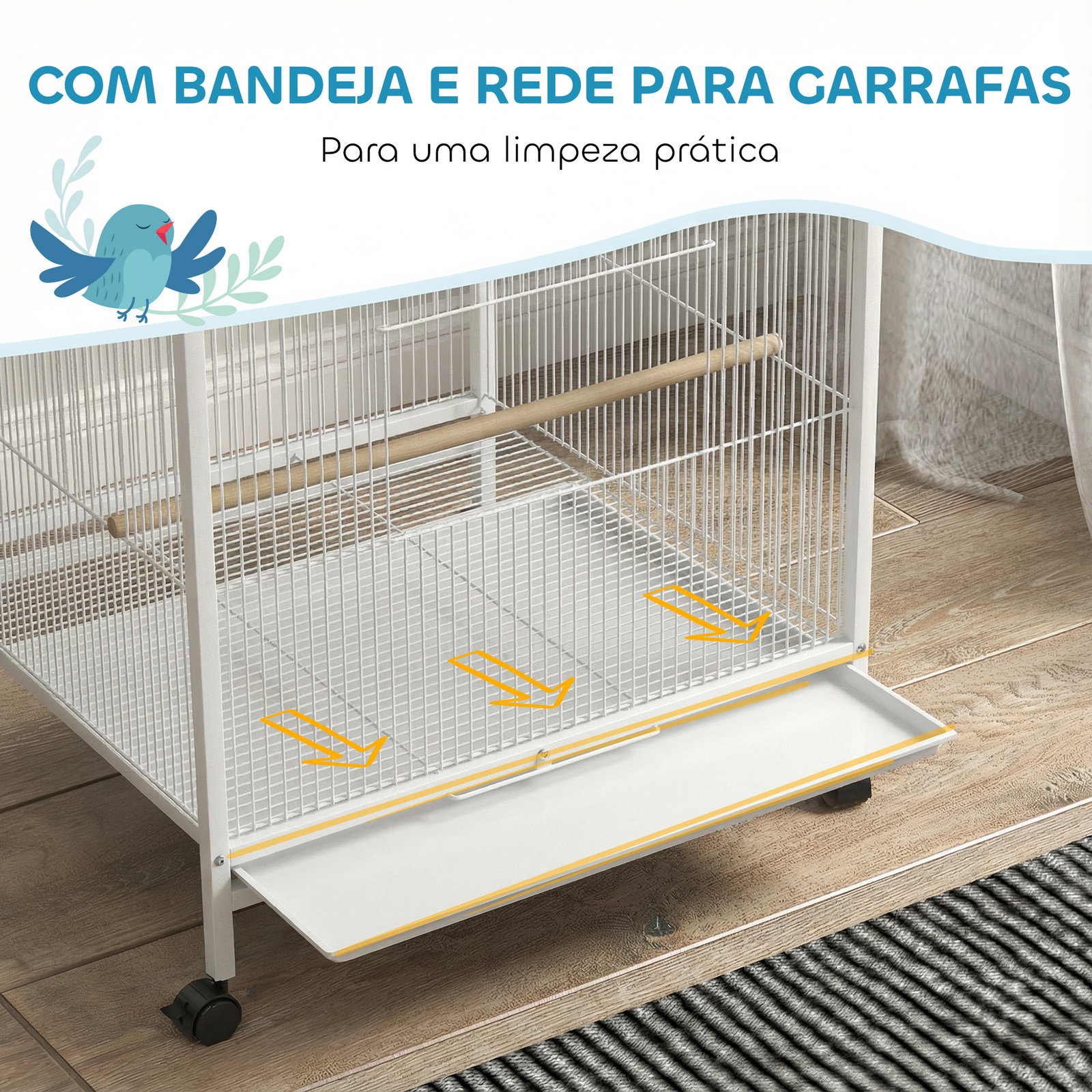 Gaiola para pássaros com rodas poleiros baloiço bandeja removível e tigelas de aço inoxidável 48x46x78 cm branco
